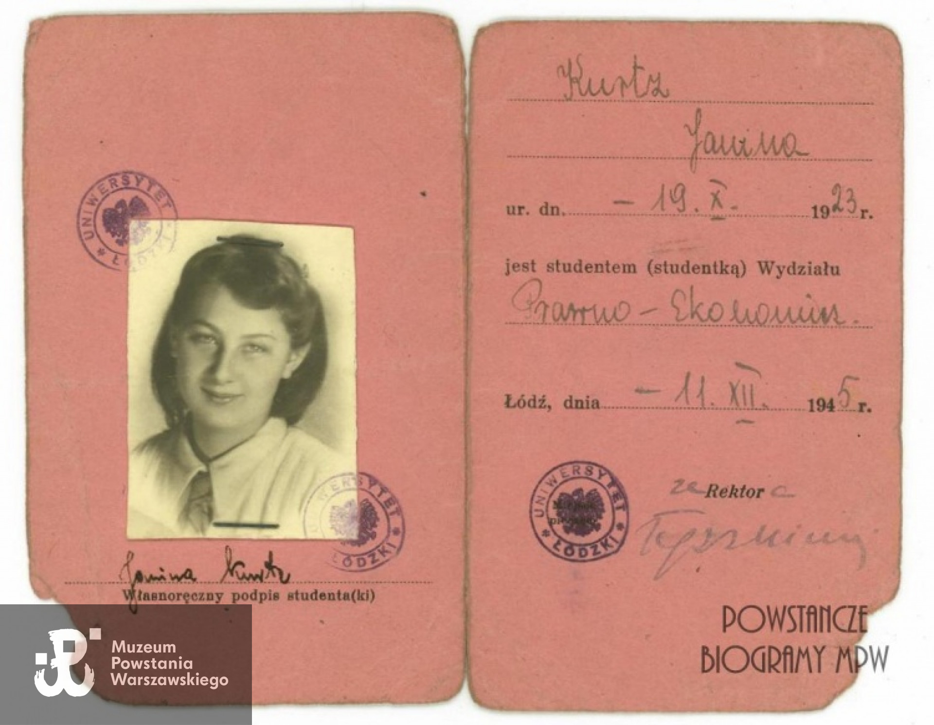 Legitymacja Uniwersytetu  Łódzkiego - grudzień 1945. Fot. AR MPW