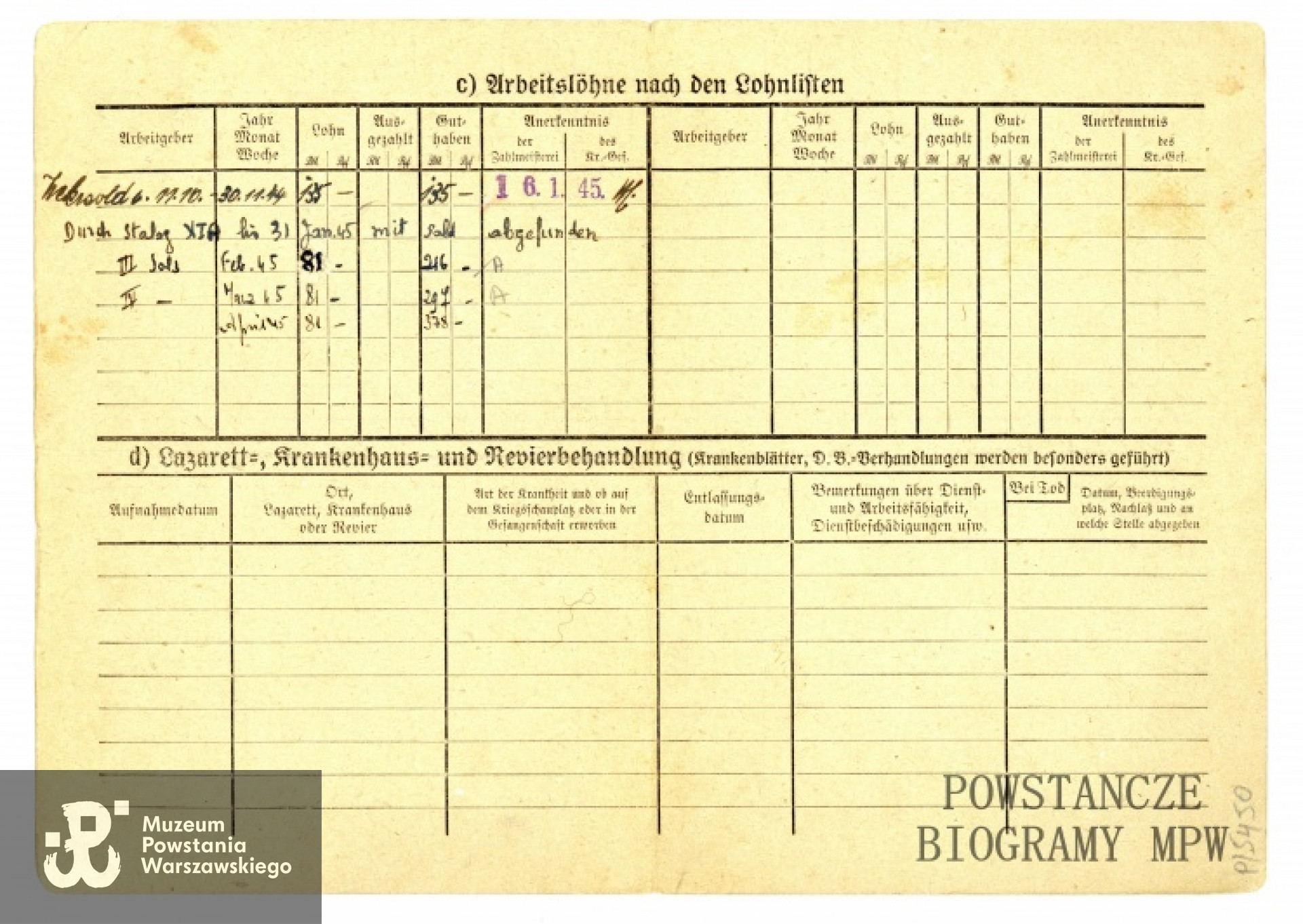 Karta personalna z obozu jenieckiego Stalag XI A Altengrabow. Ze zbiorów Muzeum Powstania Warszawskiego, sygn. P/5450