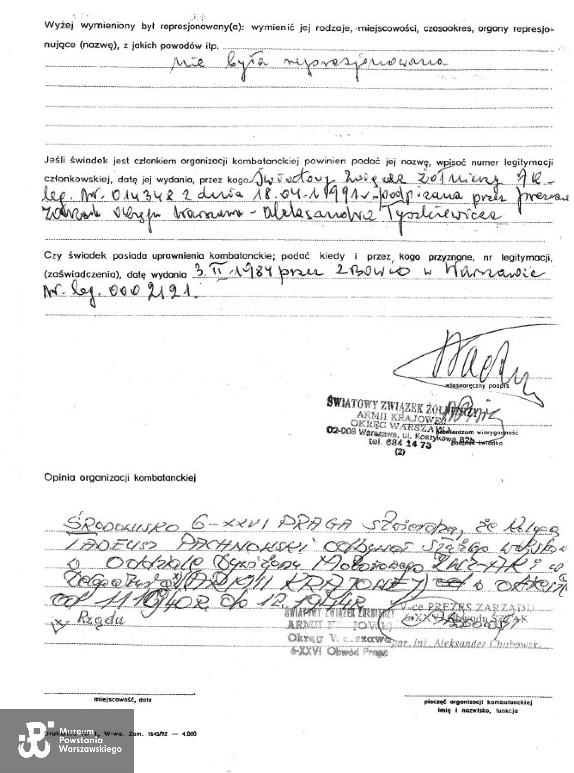 Oświadczenie świadka <a href = tadeusz-pachnowski,33071.html>Tadeusza Pachnowskiego</a> dotyczące udziału Hanny w konspiracji i  Powstaniu Warszawskim obejmujące okres od x 1942 do X 1944 