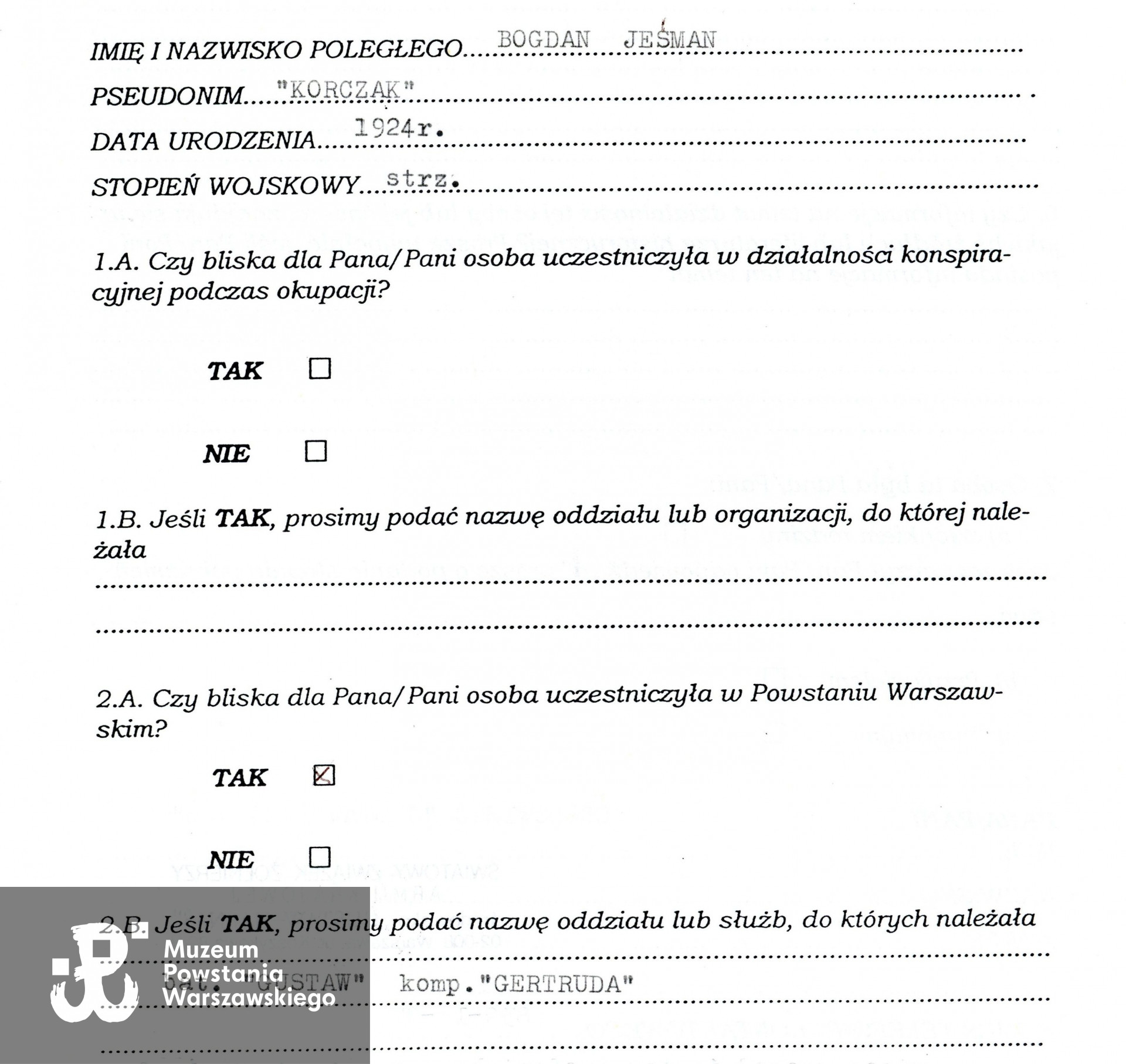 Muzeum Powstania Warszawskiego, Teczki personalne uczestników Powstania Warszawskiego, zasób Pokoju Kombatanta MPW