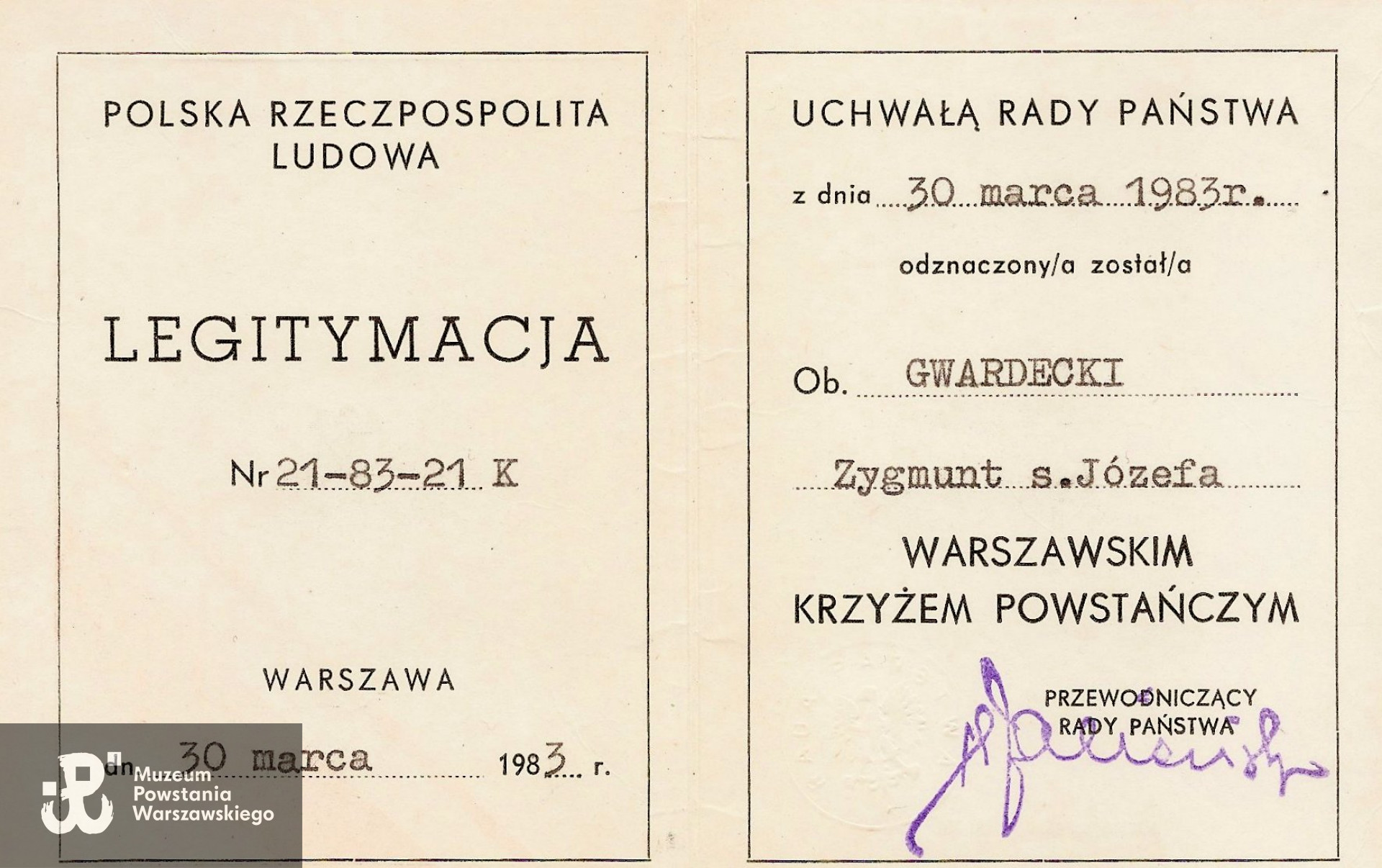 Legitymacja odznaczenia WKP. Z archiwum rodzinnego udostępniła p. Jolanta Gwardecka