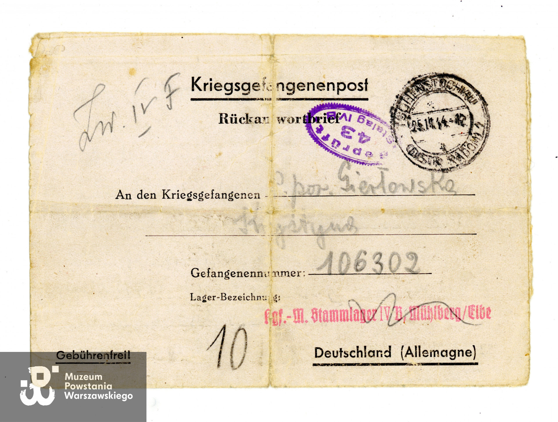 List adresowany przez Krystynę Rabek do  Krystyny [sic!] Gierłowskiej, jeńca nr 106302.  Zbiory Muzeum Powstania Warszawskiego.