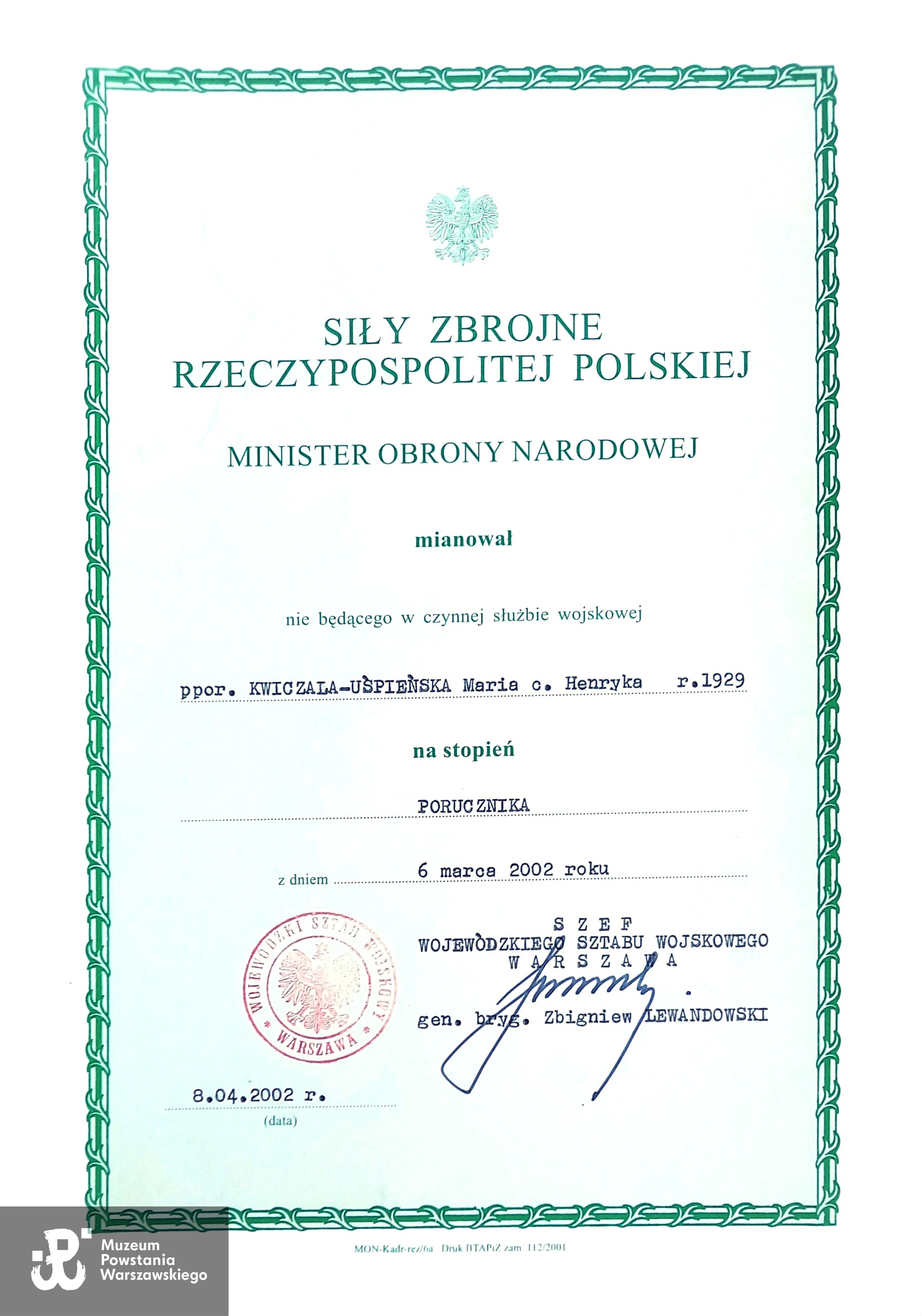 Nominacja na wyższy stopień wojskowy, skan nadesłał p. Paweł Uśpieński 