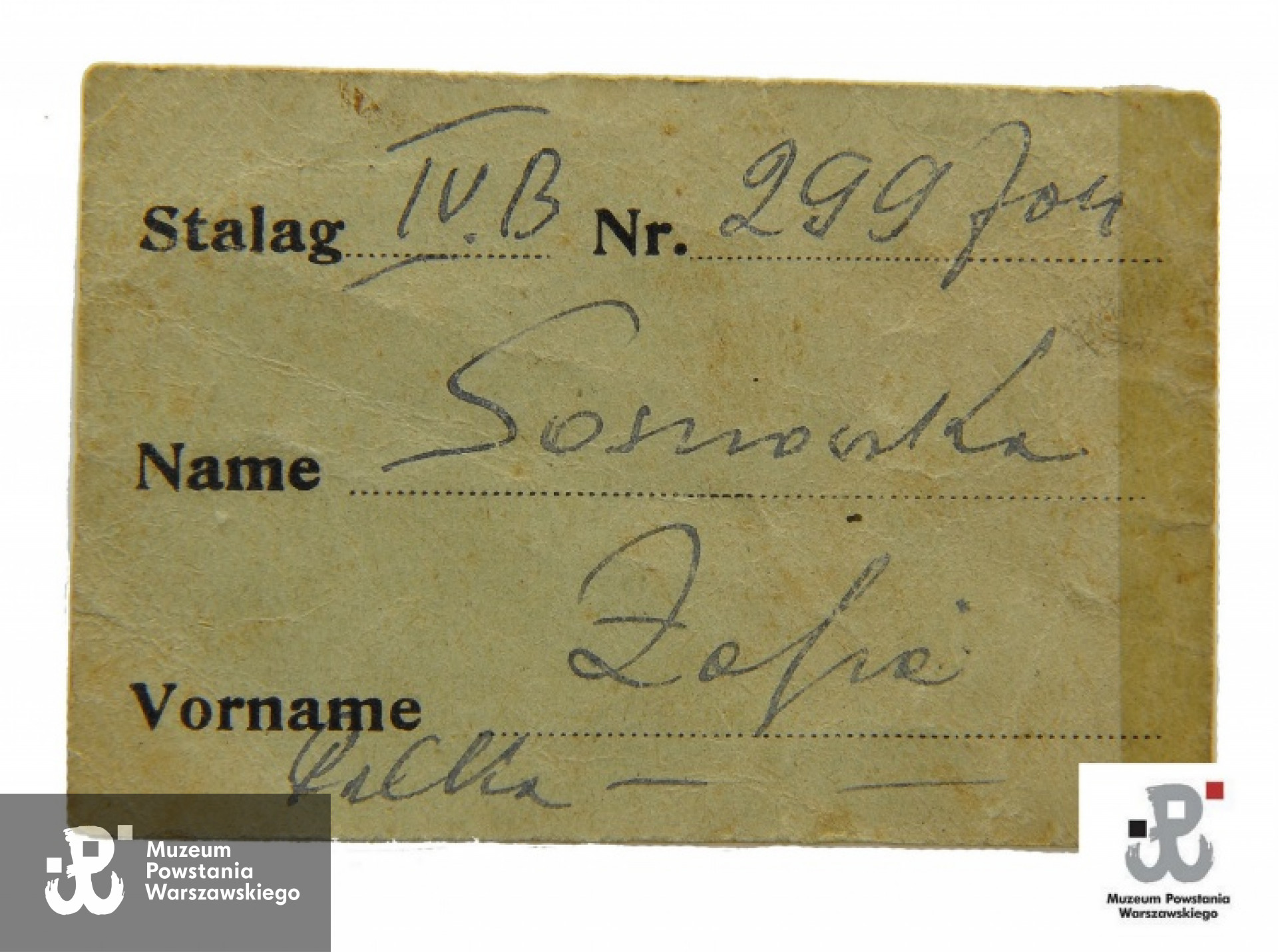Należący do Zofii Sosnowskiej numer identyfikacyjny na tekturce z obozu w Zeithain. Ze zbiorów  Muzeum Powstania Warszawskiego - dar Zofii Czekalskiej ps. "Sosenka"