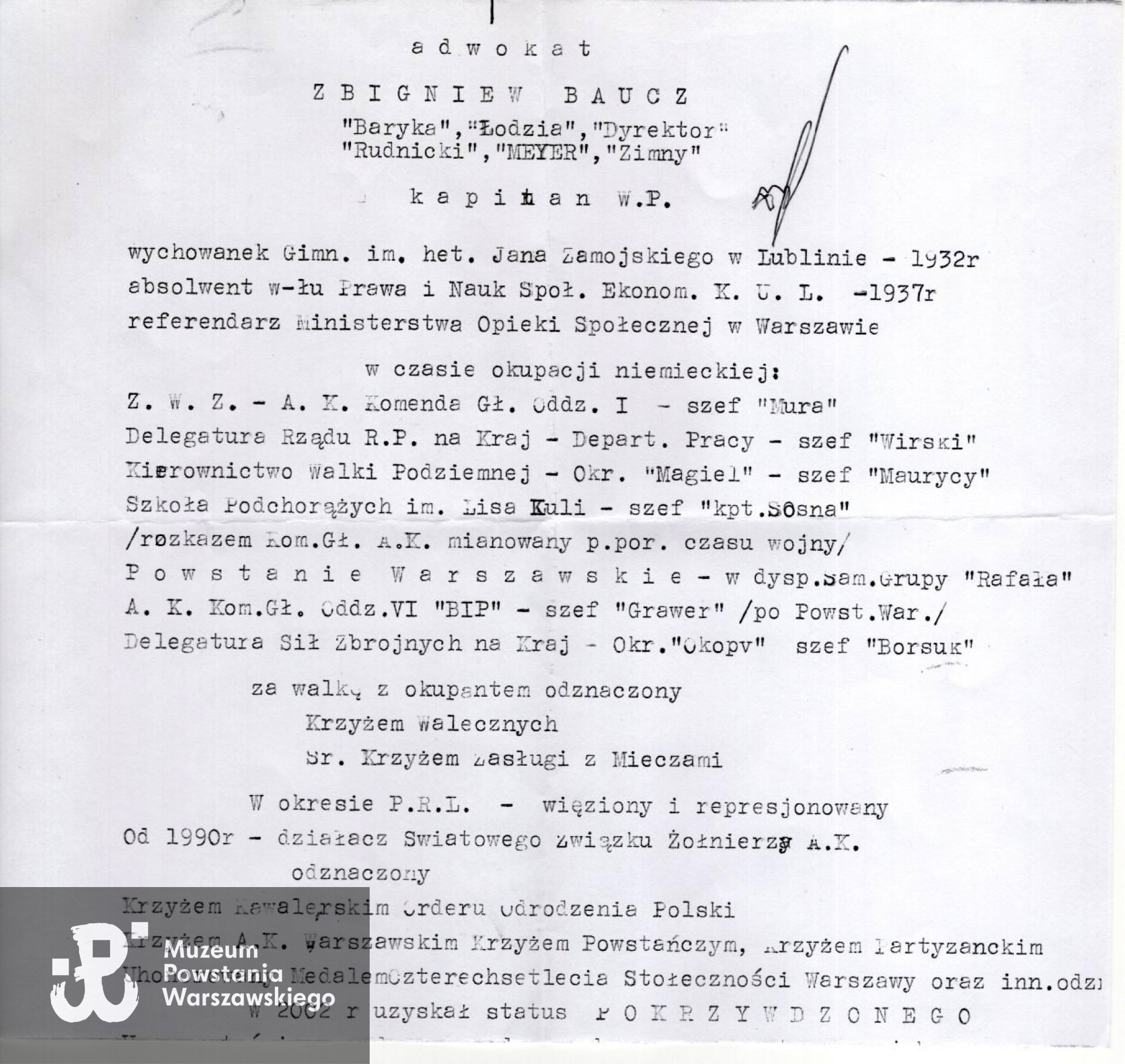 Muzeum Powstania Warszawskiego, Teczki personalne uczestników Powstania Warszawskiego: Baucz Zbigniew, zbiory Pokoju Kombatanta MPW,