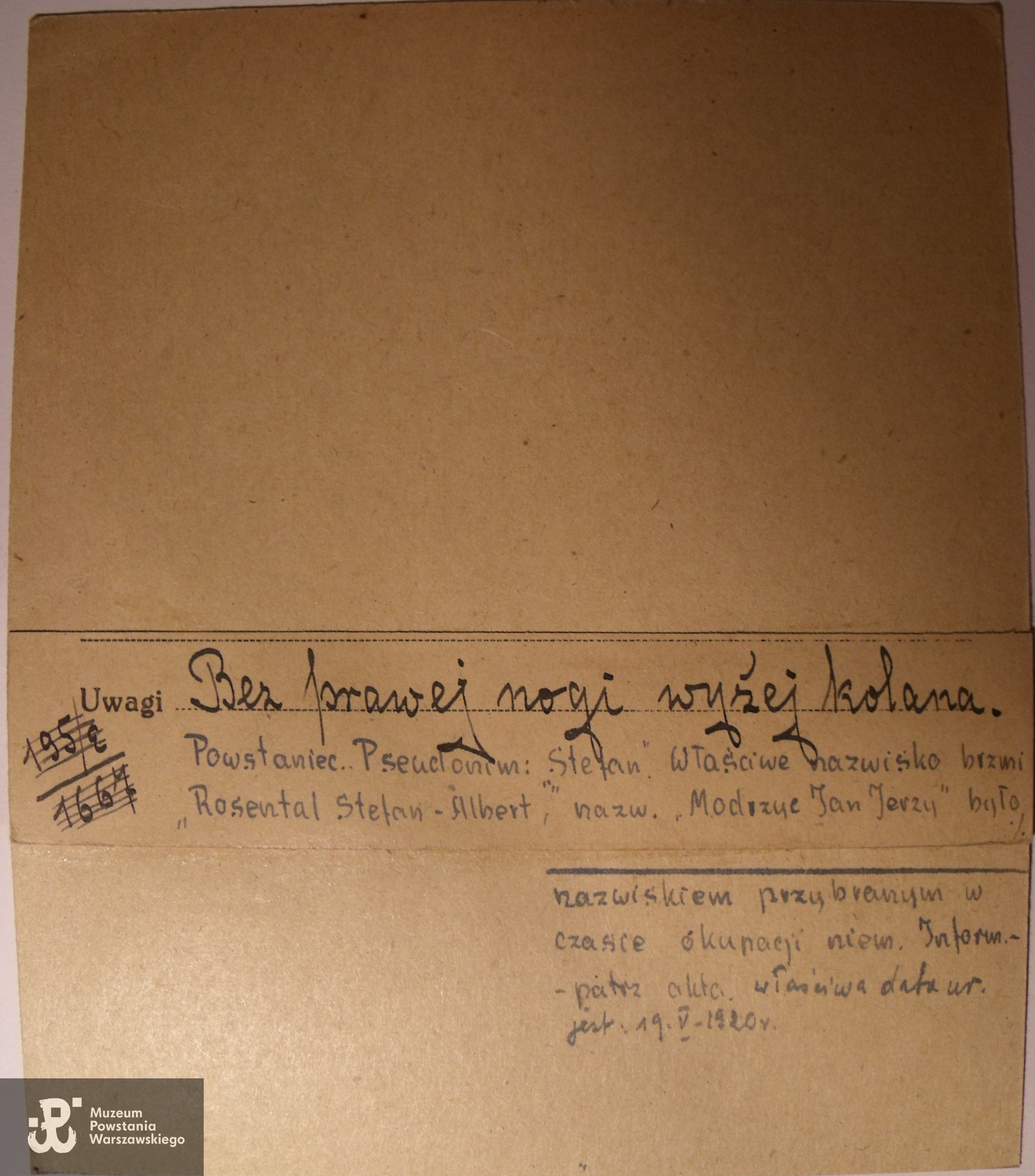 PCK - kartoteka, tu data ur. 25.02.1919 i nazwisko konspiracyjne Jan Jerzy Modrzyc, na rewersie dopisek "Powstaniec"