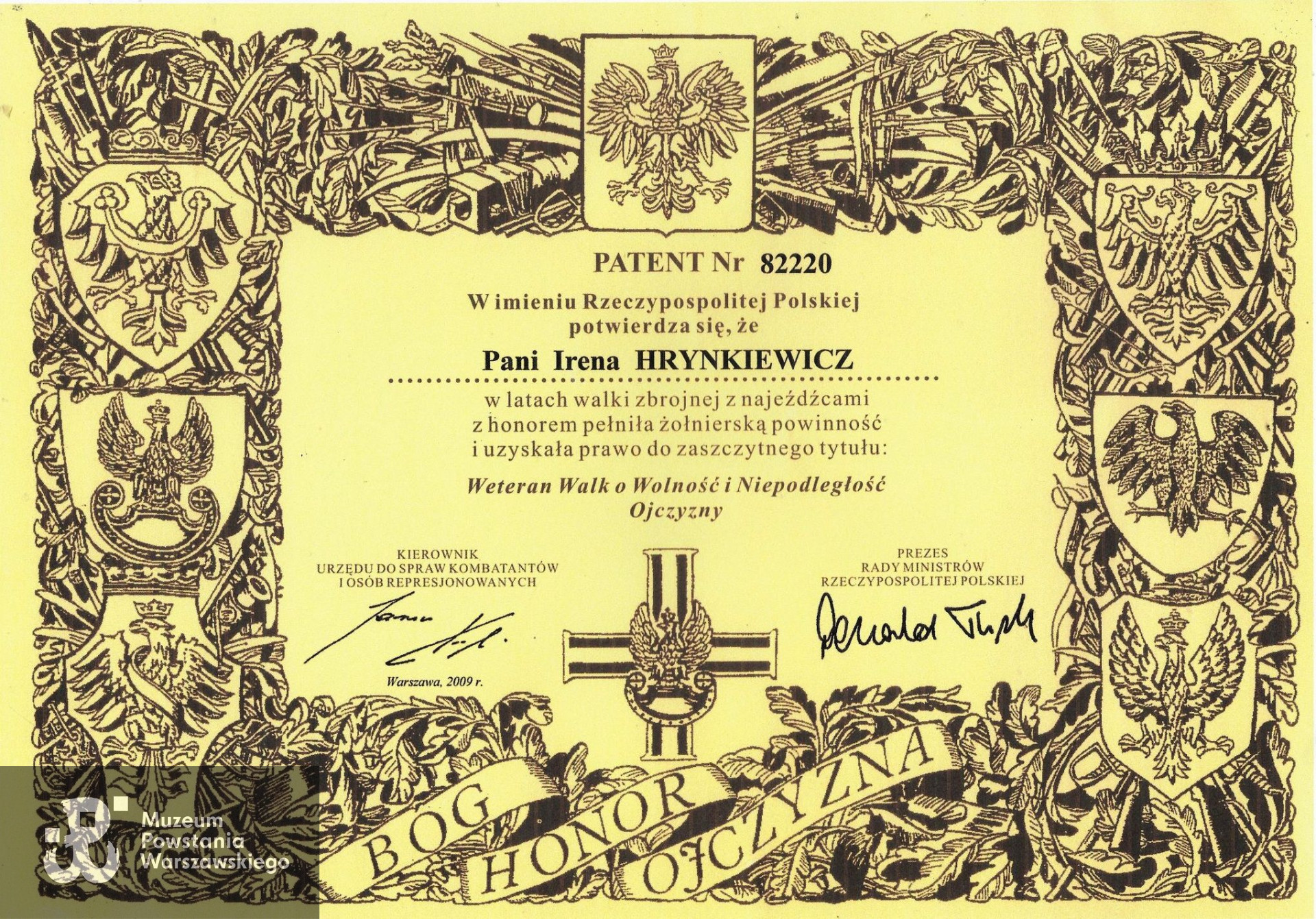 Patent Weterana Walk o Wolność i Niepodległość Ojczyzny. Udostępniła p. Iwona Sudnik  za pośrednictwem Jana Wawszczyka