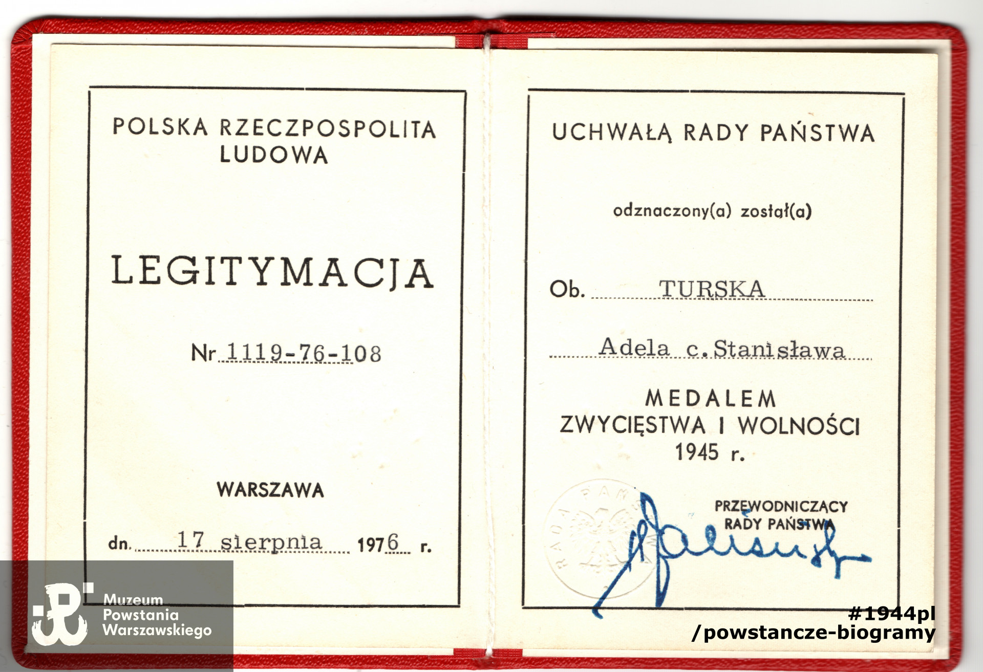 Legitymacja odznaczeniowa - Medal Zwycięstwa i Wolności. Skan udostępnił p. Michał Turski