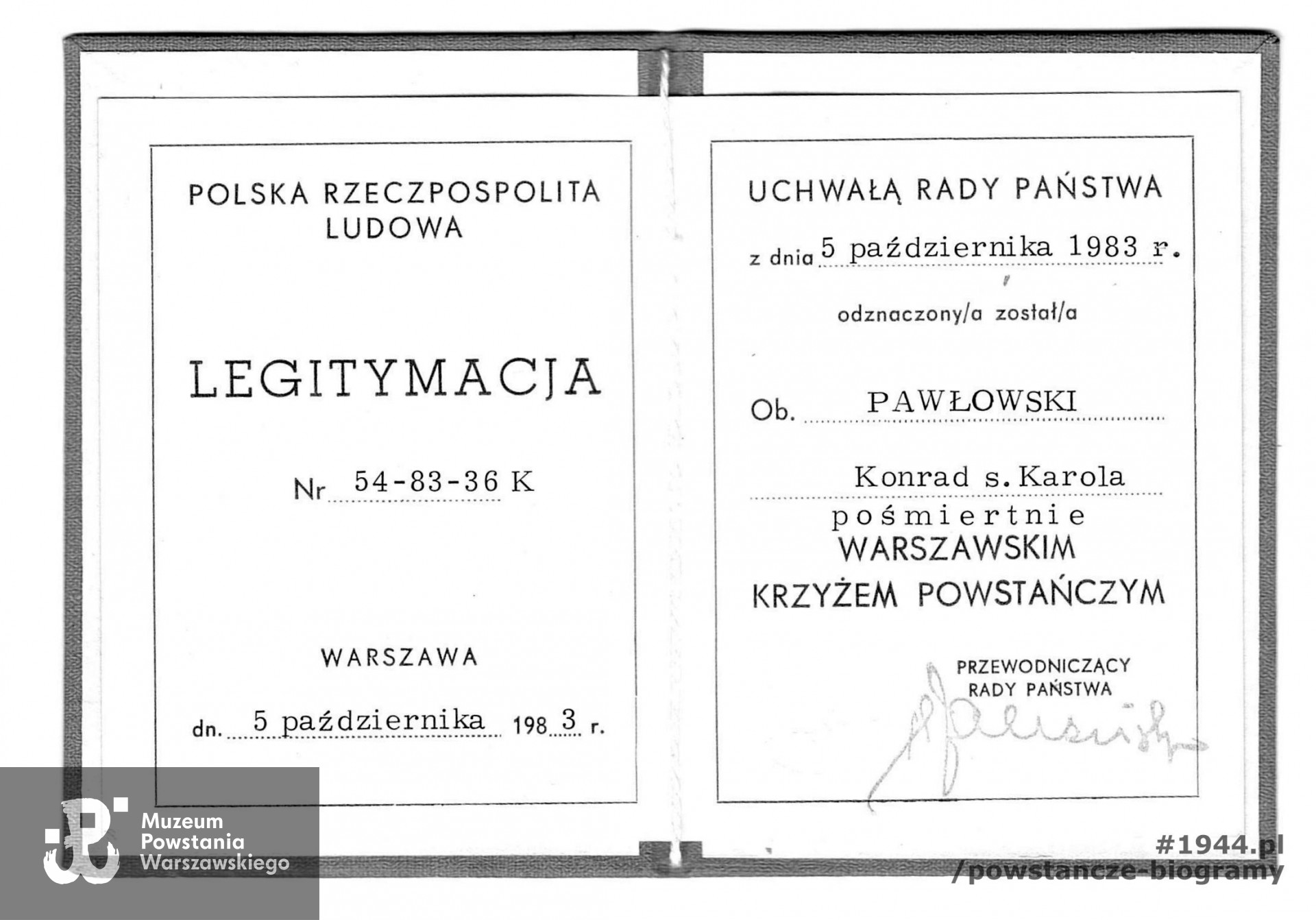 Kopia legitymacji odznaczenia Warszawskim Krzyżem Powstańczym. Archiwum rodzinne Wojciecha Sagana