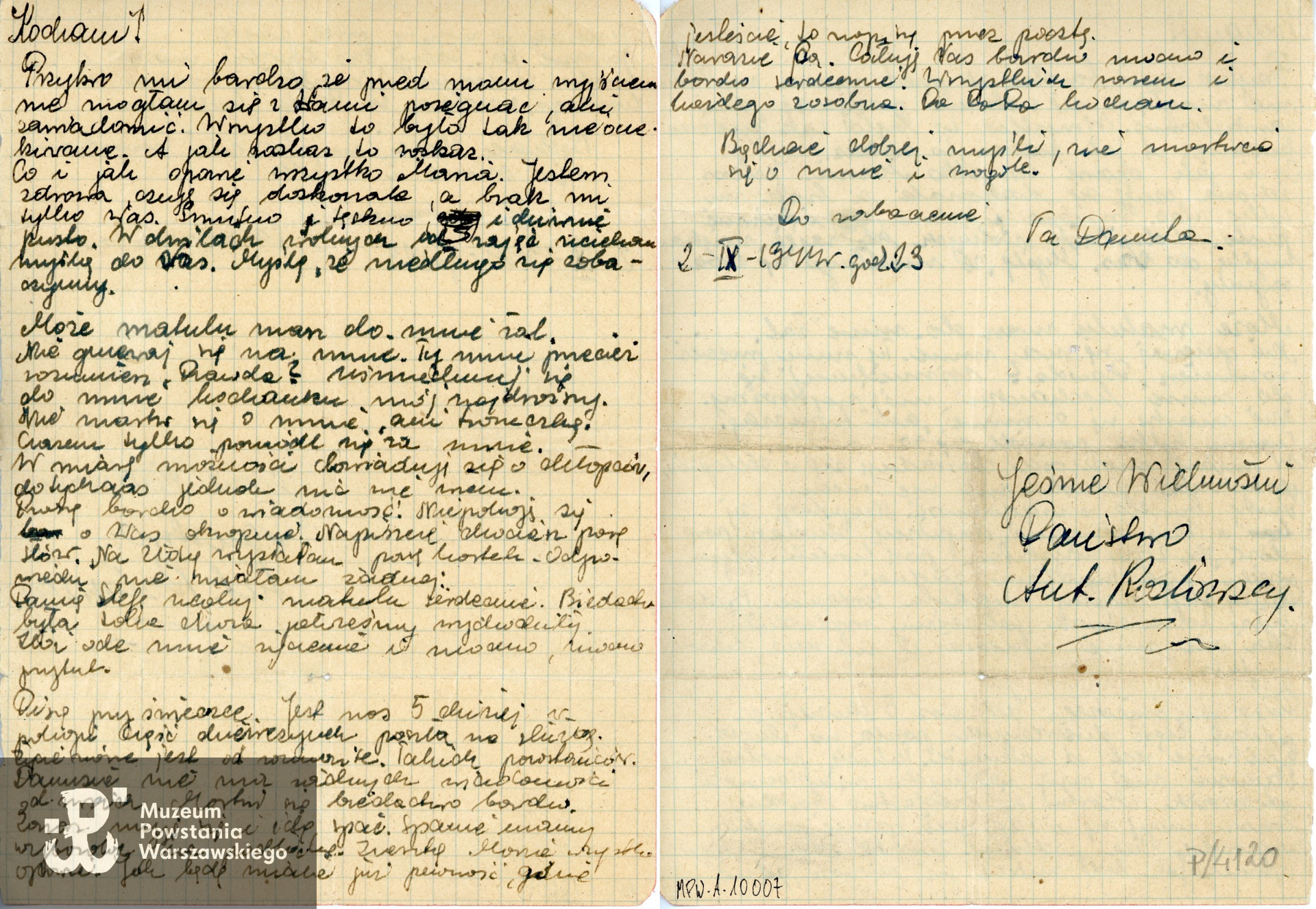 List napisany w trakcie Powstania Warszawskiego przez Danutę Kozłowską ps. "Ata"  do rodziców. Ze zbiorów  Muzeum Powstania Warszawskiego, sygn. MPW-A-10007 (P/4120)