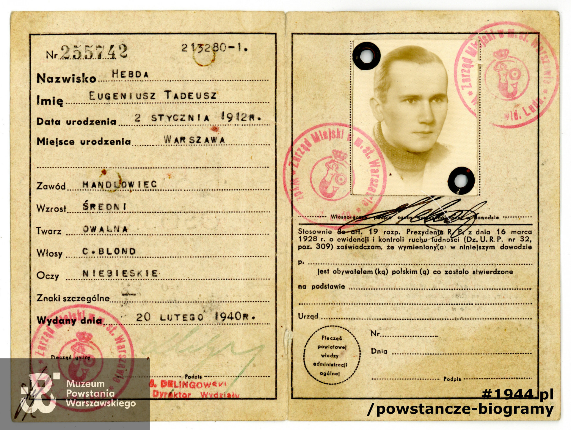 Dowód osobisty. Dokument wystawiony 20.02.1940 r.  Ze zbiorów Muzeum Powstania Warszawskiego, sygn. P/7058