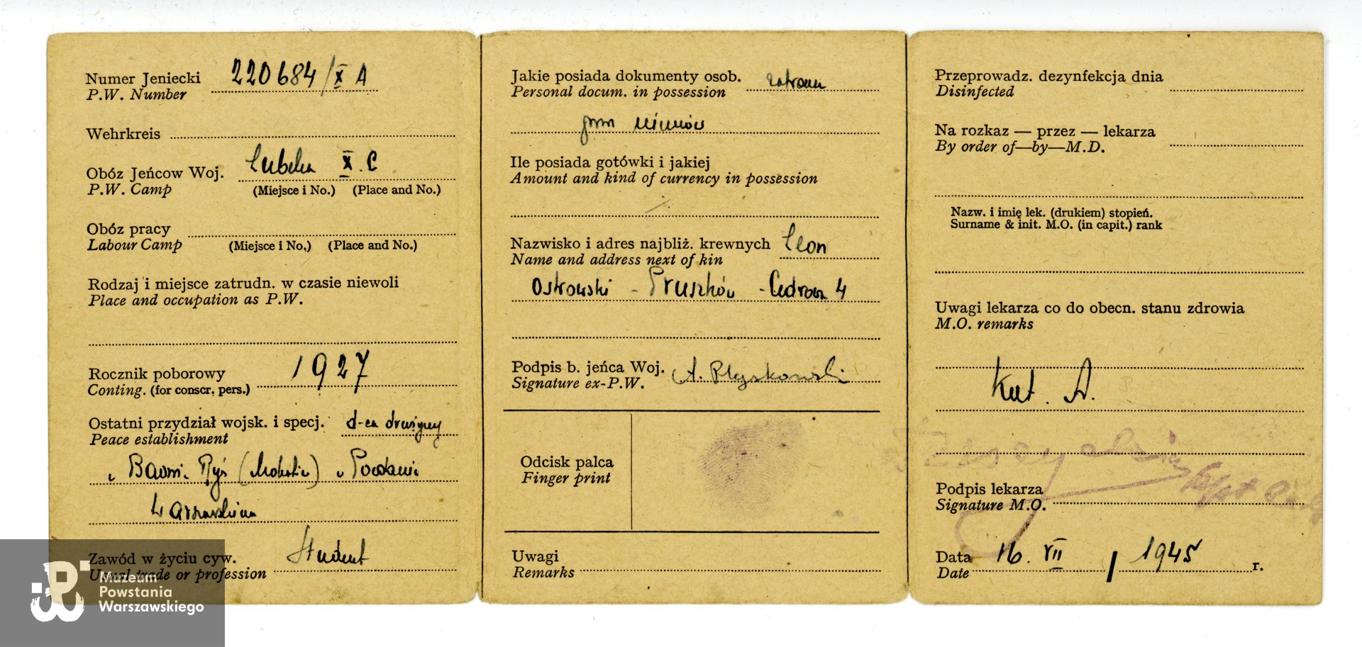 Należąca do Andrzeja Pląskowskiego Legitymacja Byłego Jeńca Wojennego. Dokument  ze zbiorów rodzinnych p. Andrzeja Pląskowskiego. Skan wykonano w Muzeum Powstania Warszawskiego, 2016