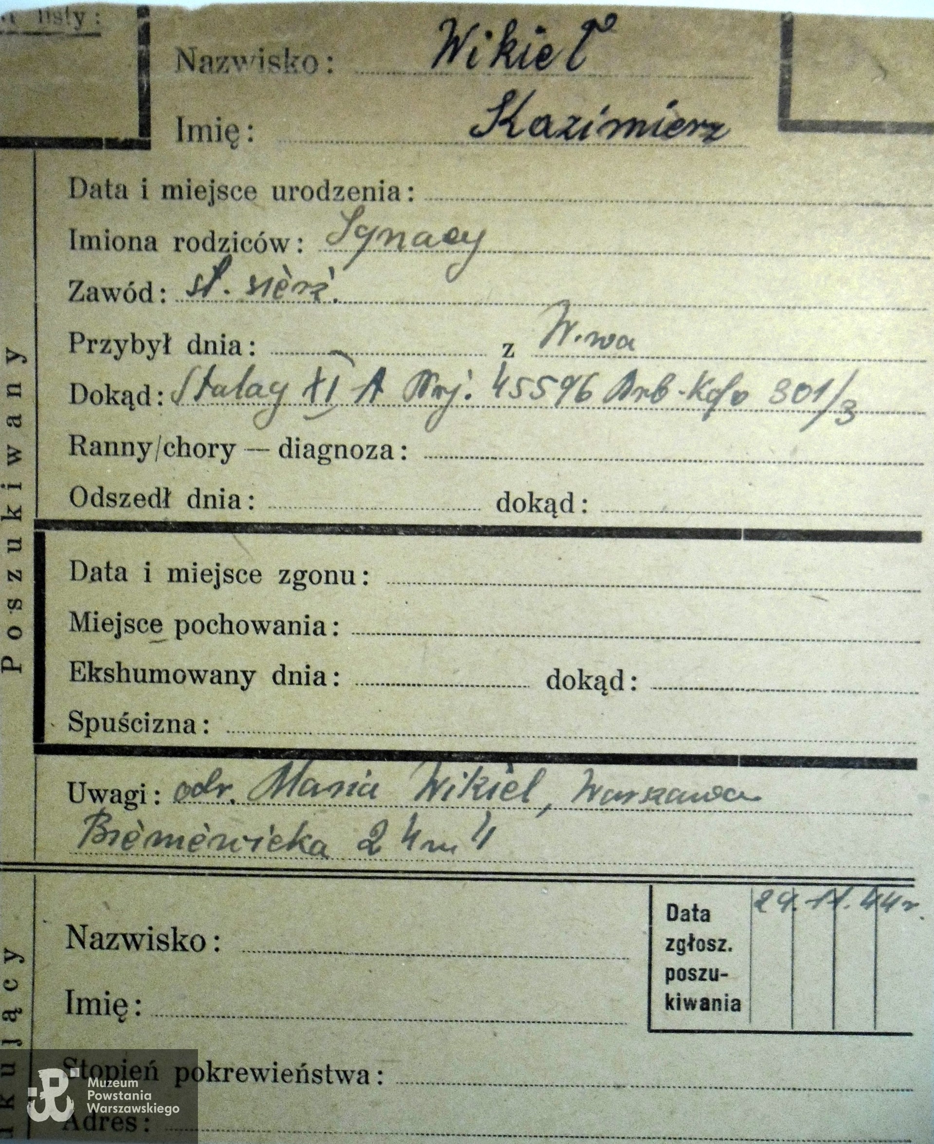 Polski Czerwony Krzyż - kartoteka ogólna poszukiwań