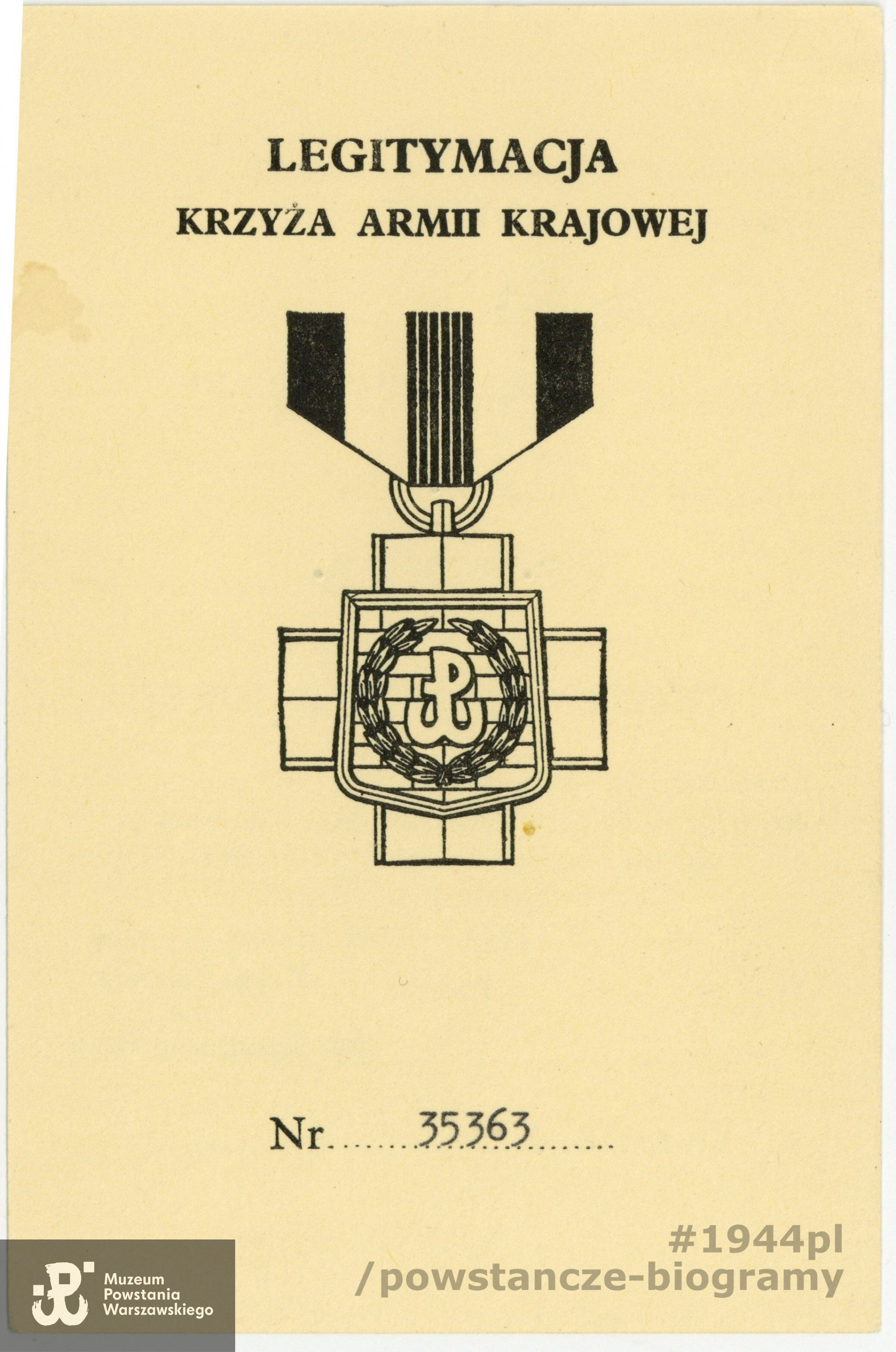 Legitymacja odznaczeniowa - Krzyż Armii Krajowej. Ze zbiorów rodzinnych p. Krzysztofa Kamińskiego