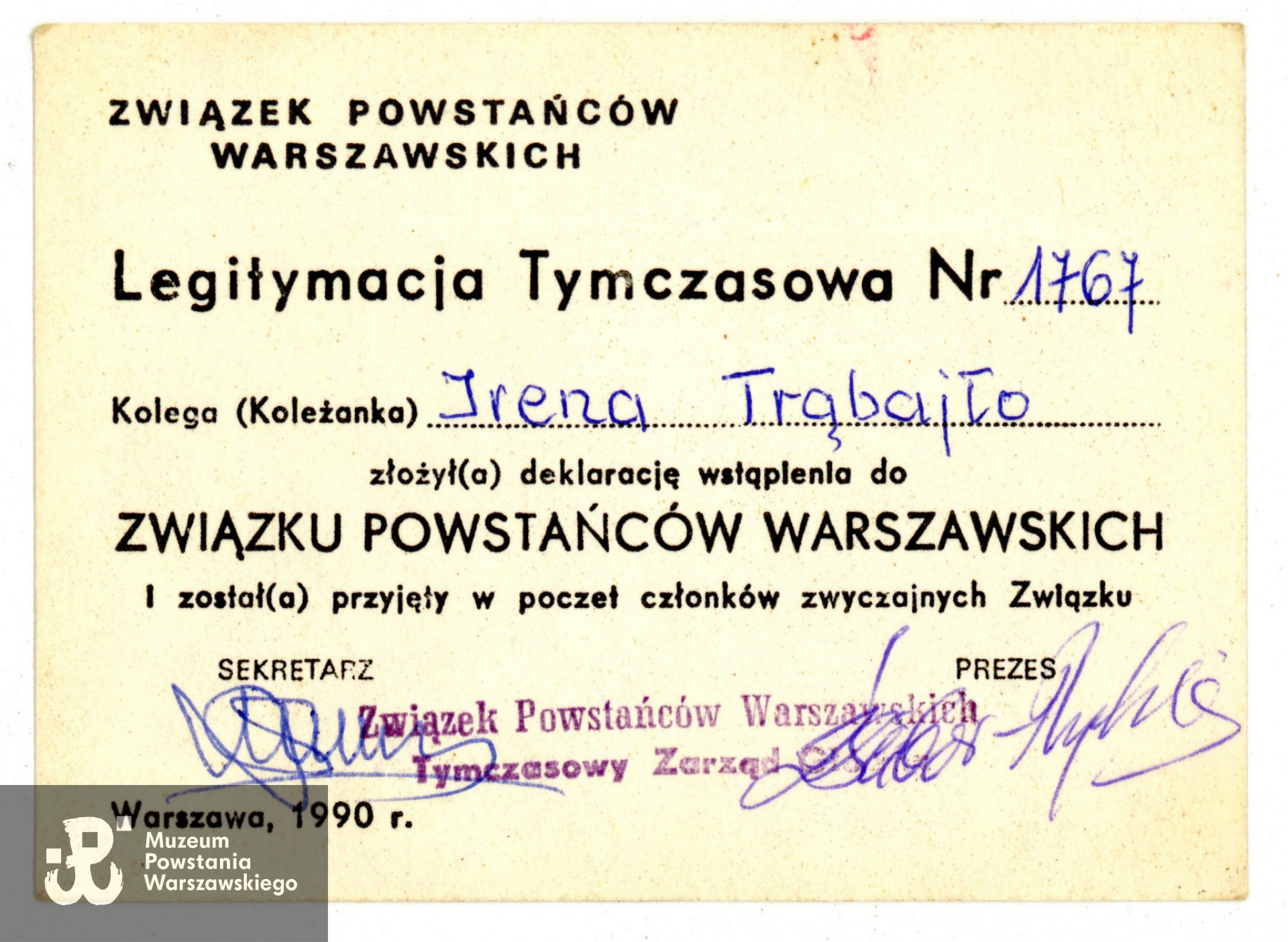 Legitymacja tymczasowa Związku Powstańców Warszawskich. Z archiwum rodzinnego  p. Elżbiety Majkowskiej i p. Sylwii Rojek