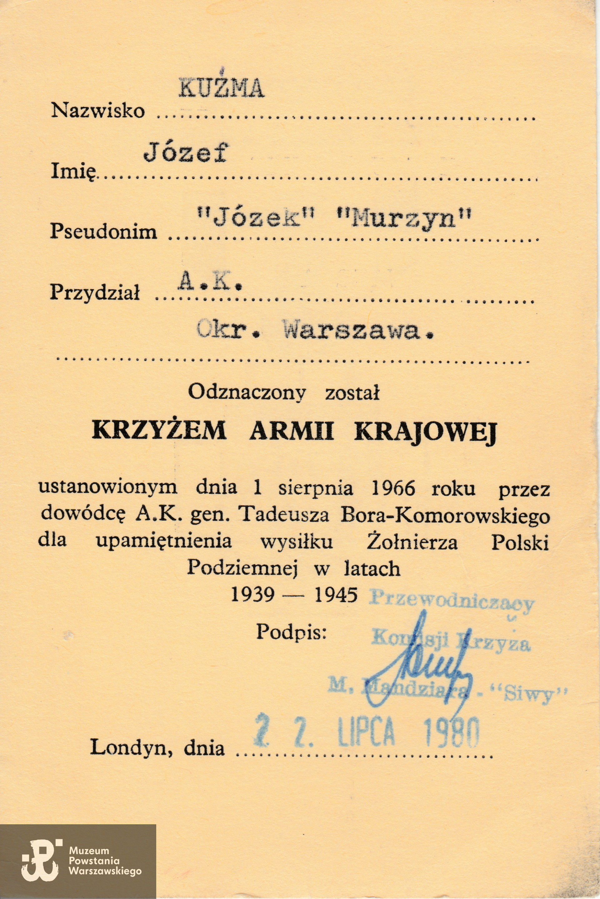 Legitymacja odznaczeniowa - Krzyż Armii Krajowej. Dokument ze zbiorów rodzinnych, skan udostępniła p. Hanna Derek, córka  Powstańca
