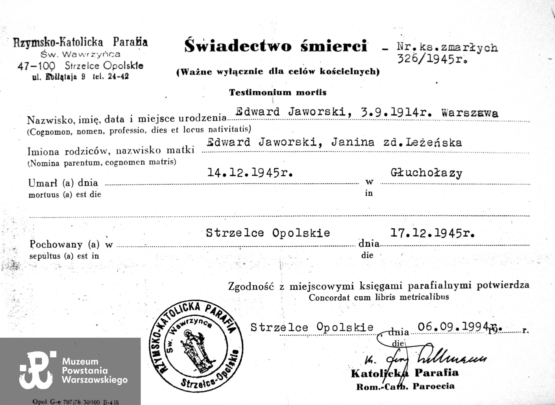 Świadectwo śmierci Edwarda Jamnickiego (Jaworskiego).  Źródło: archiwum rodzinne Zofii Jaskólskiej z d. Jamnickiej, kserokopia: Archiwum Romualda Śreniawy-Szypiowskiego. 
