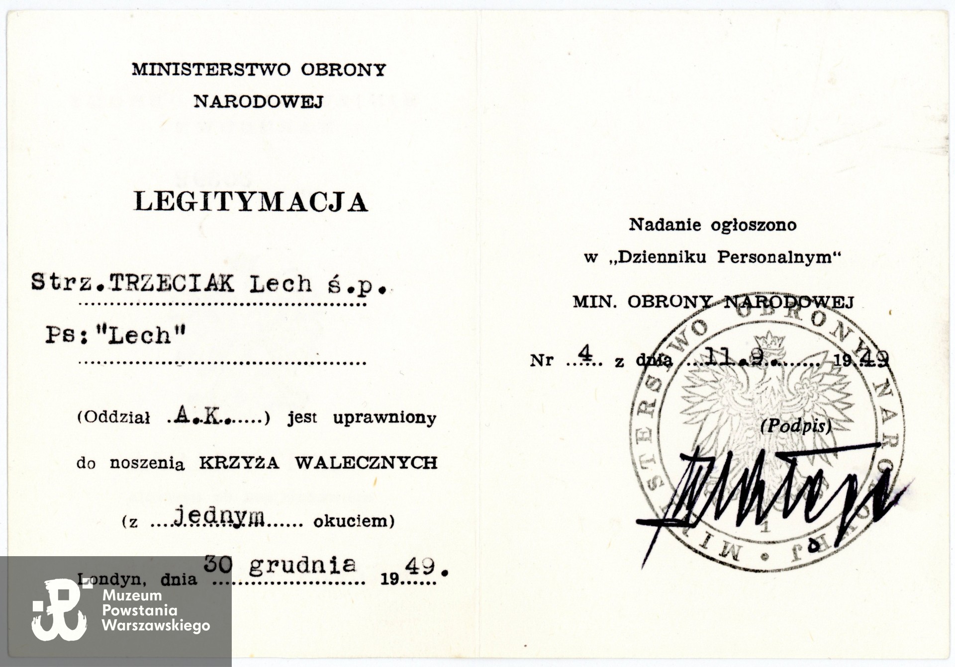 Legitymacja odznaczeniowa - Krzyż Walecznych