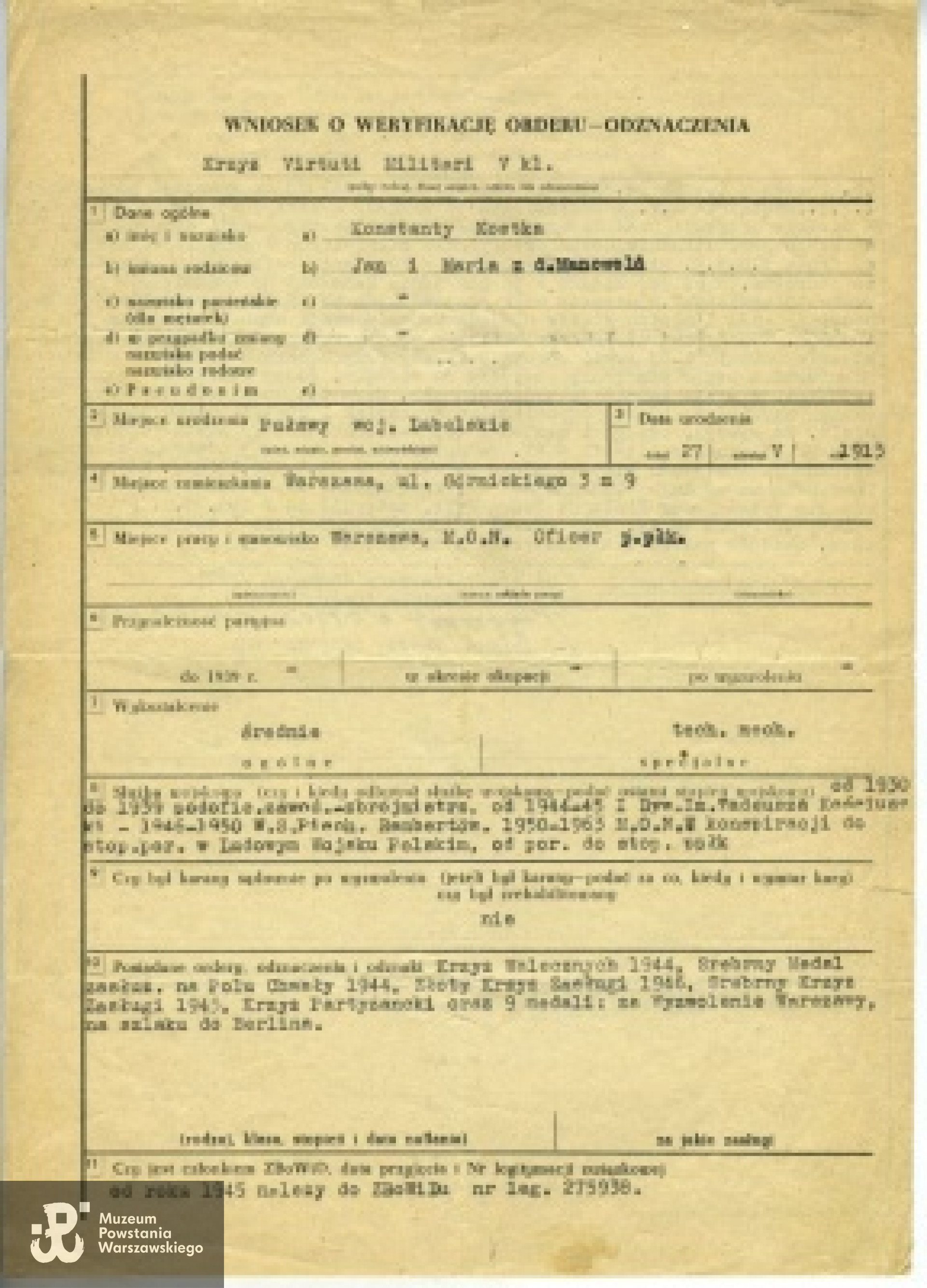 Fałszywy "Bescheinigung" (na nazwisko Nowotny) - poświadczenie dokonania rejestracji w warszawskim Urzędzie Pracy (Arbieitsamt in Warschau) z października 1943 r.