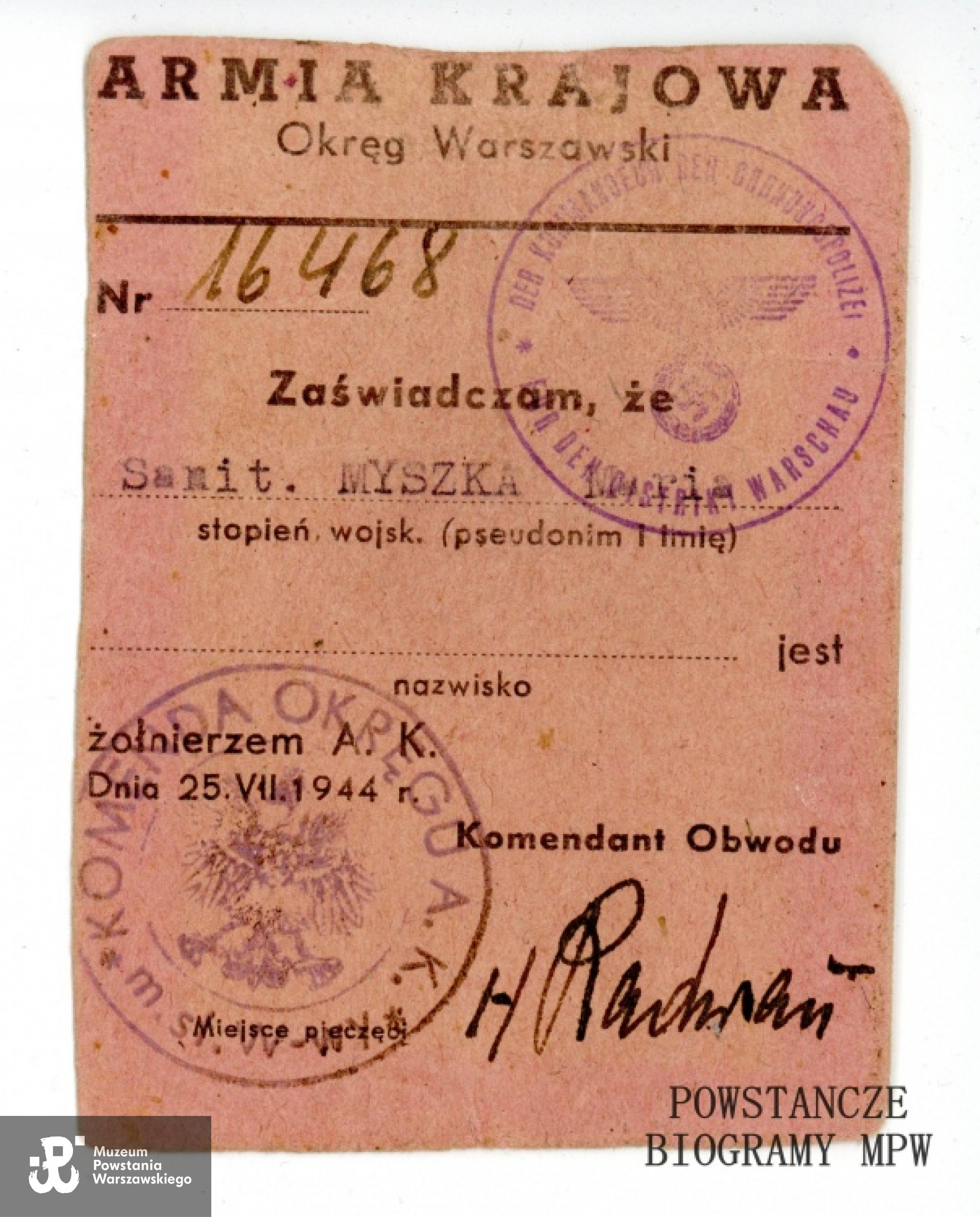 Należąca do Marii Lecewicz legitymacja Armii Krajowej. Ze zbiorów Muzeum Powstania Warszawskiego, sygn. P/8396