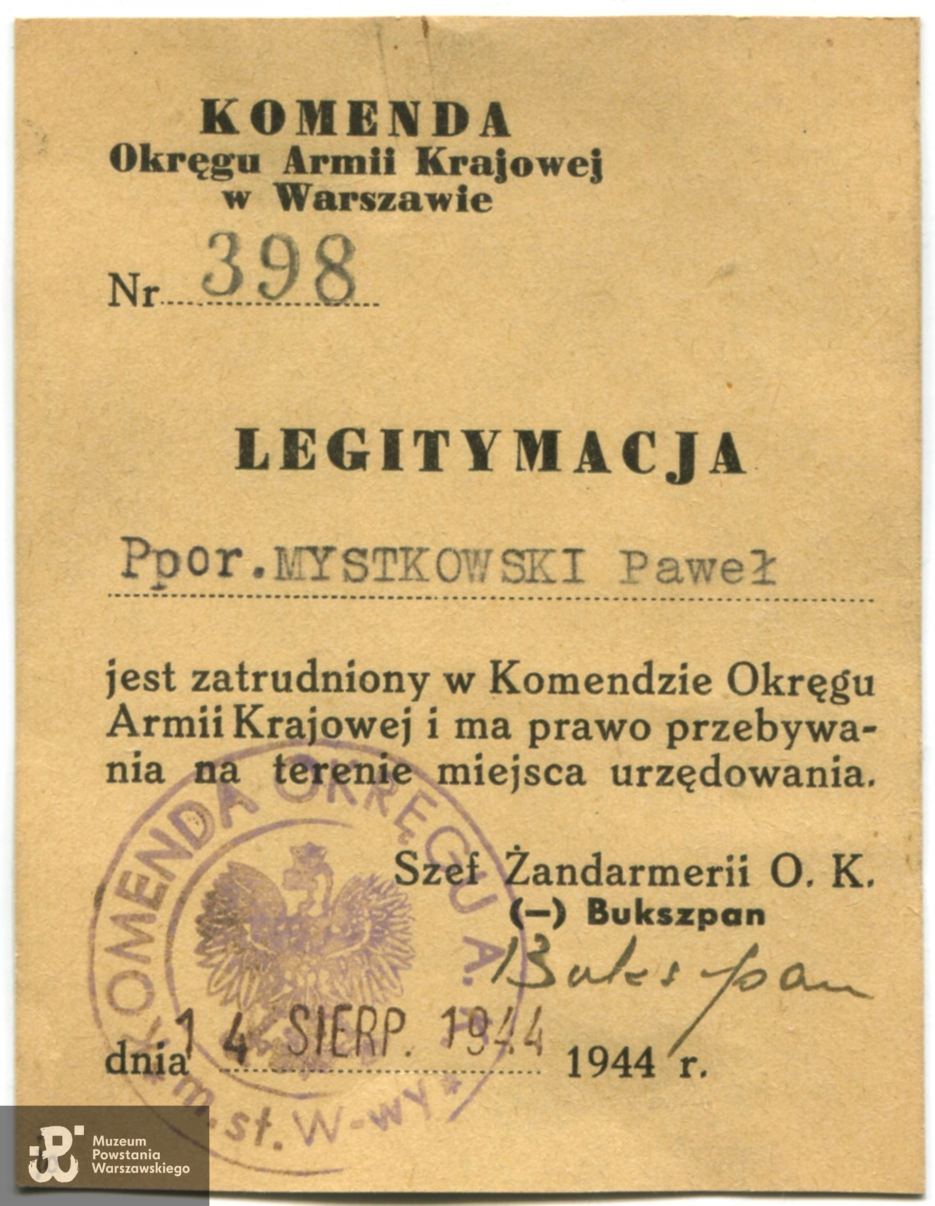 Legitymacja Komendy Okręgu Warszawskiego Armii Krajowej. Dokument  ze zbiorów rodzinnych