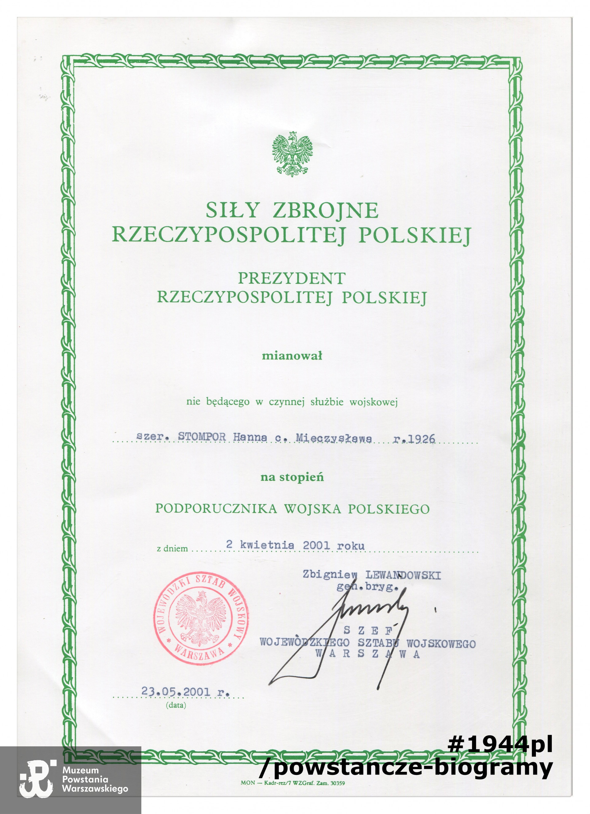 Dokument ze zbiorów rodzinnych p. Hanny Stompor z domu Modrzyckiej