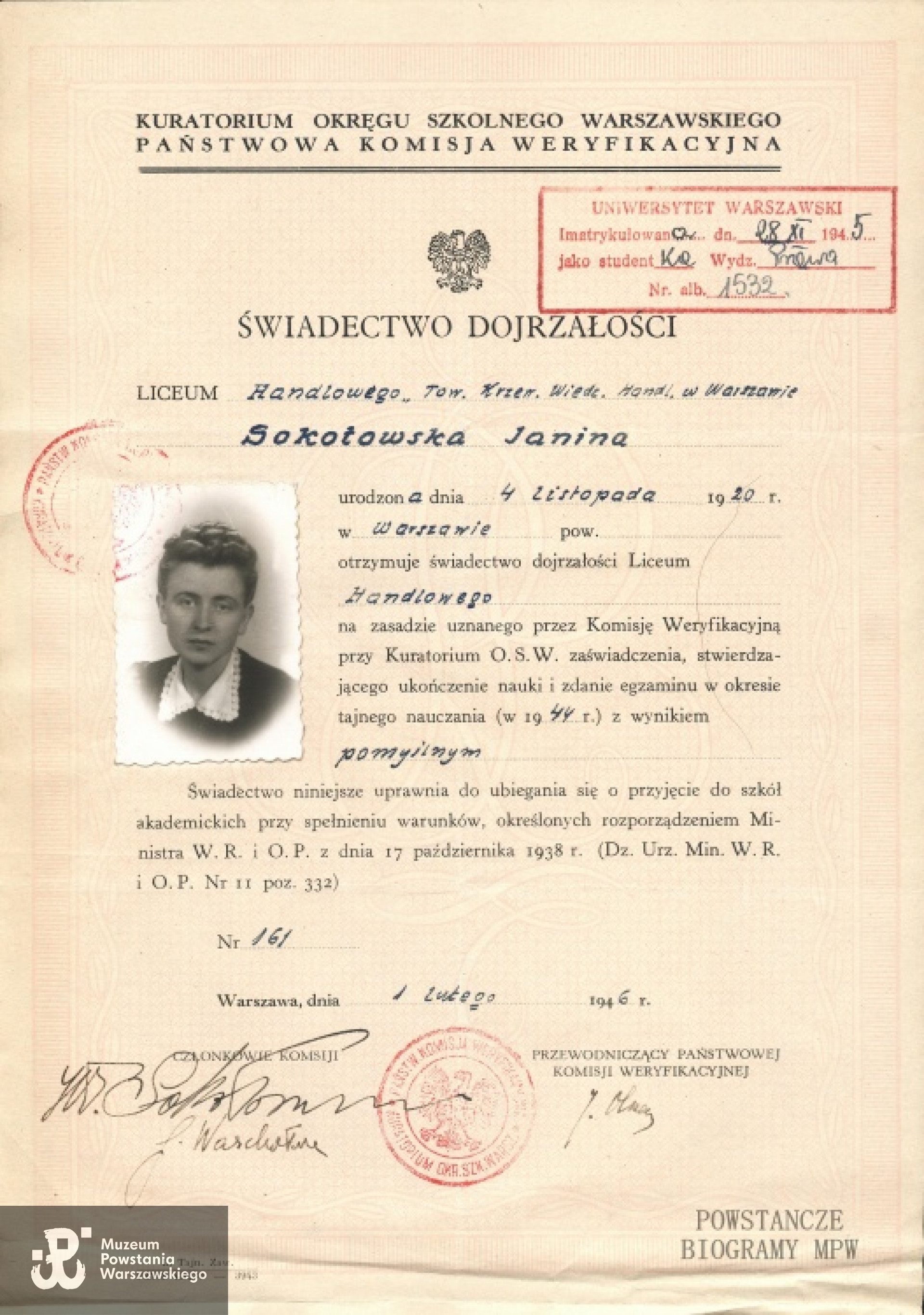 Świadectwo dojrzałości Janiny Sokołowskiej. Fot. arch. rodzinne.