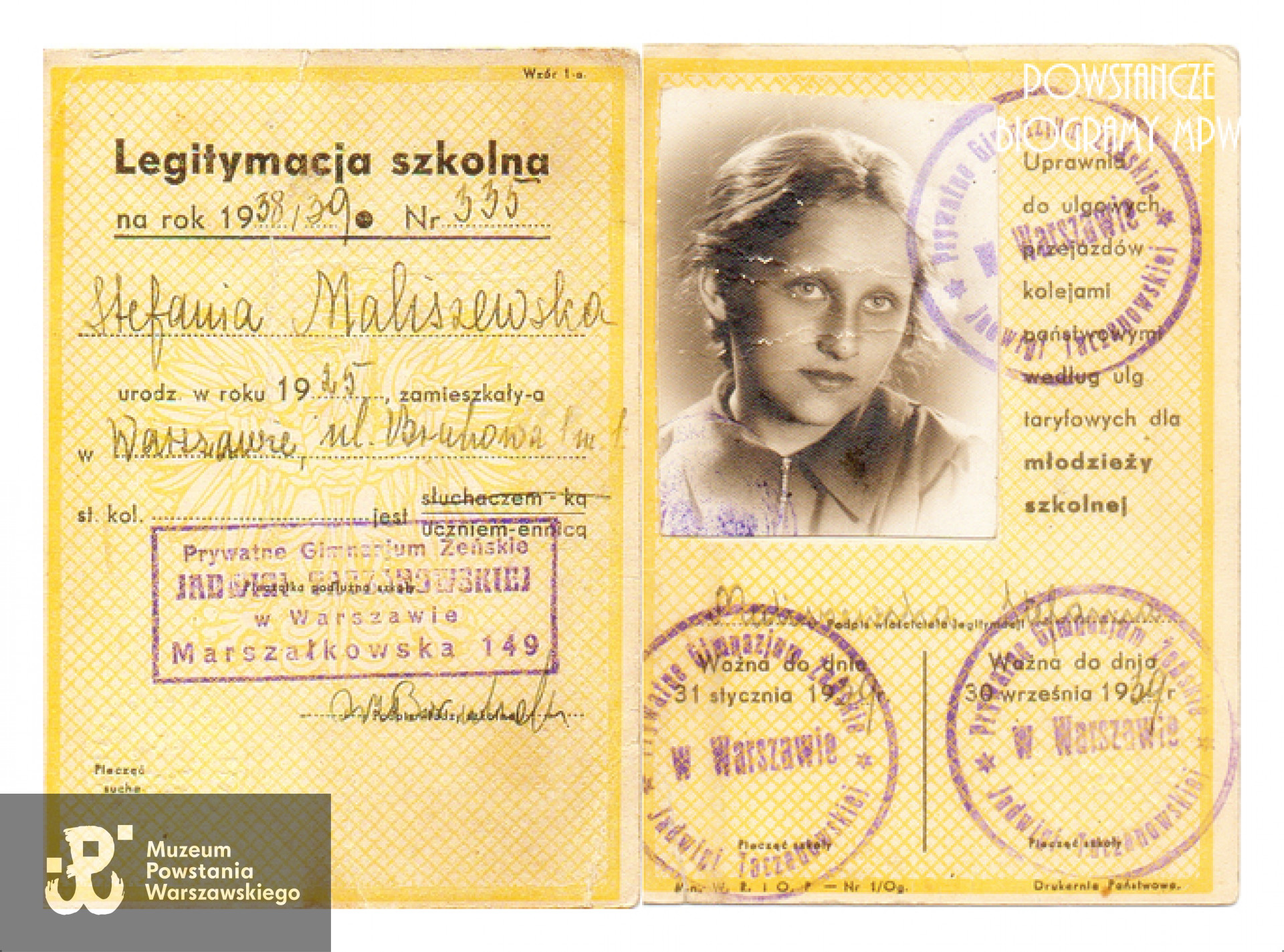 Legitymacja Prywatnego Gimnazjum Żeńskiego Jadwigi Taczanowskiej w Warszawie wystawiona na rok szkolny 1938/1939. Fot. z archiwum rodzinnego brata