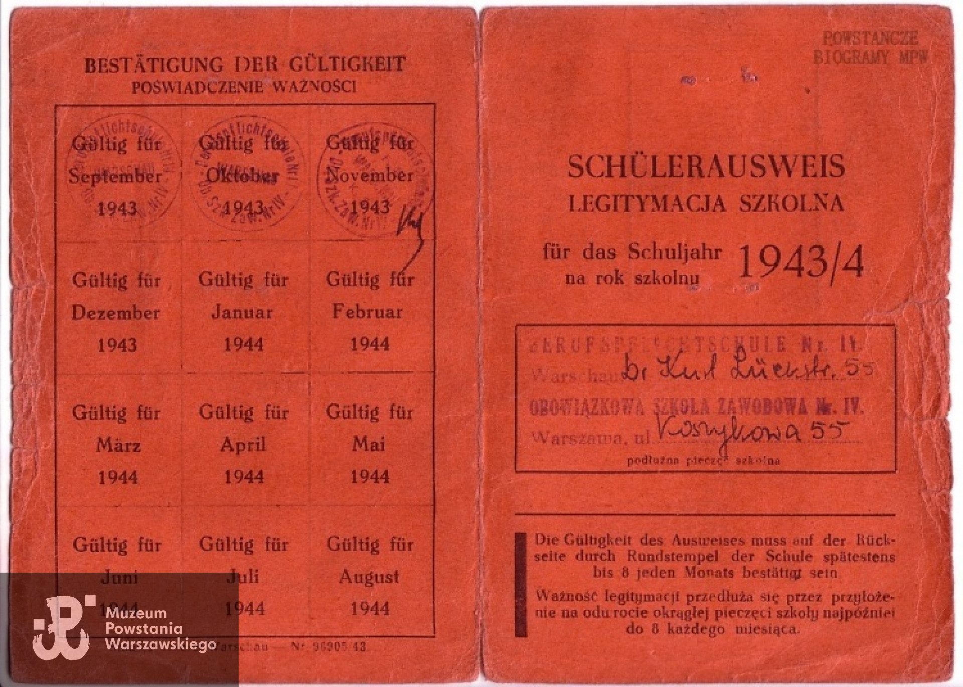 Legitymacja szkolna na rok 1943/1944. Z archiwum rodzinnego Jacka Szulskiego