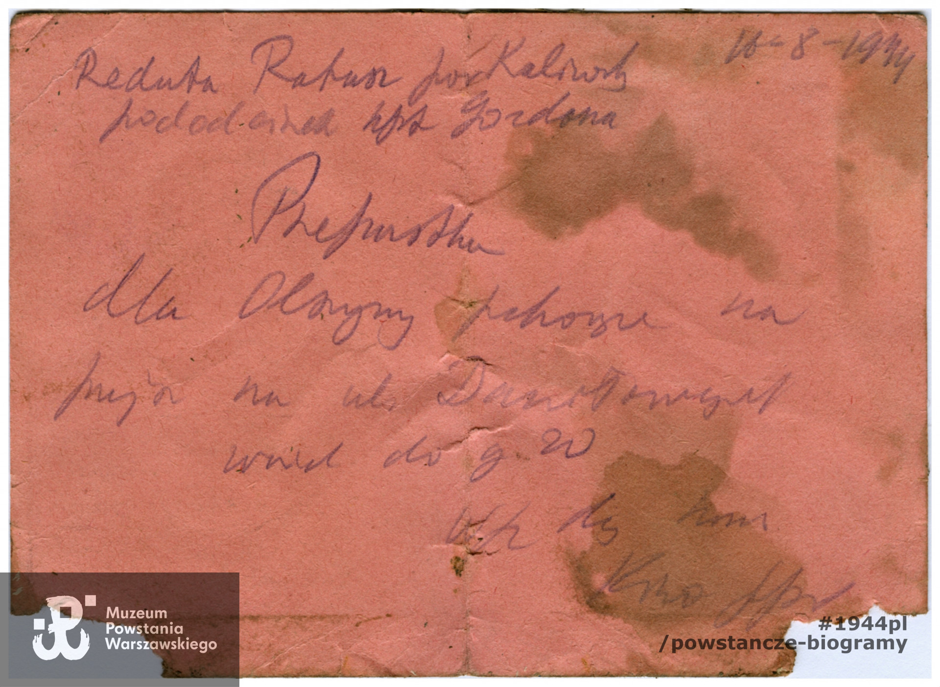 Przepustka "Olszyny" z dnia 18.08.1944 roku, ważna tego samego dnia do godz. 20:00. Skan udostępniony ze zbiorów rodzinnych przez p. Władysława Findeisena, pseud."Władek", rodzonego brata Stanisława.