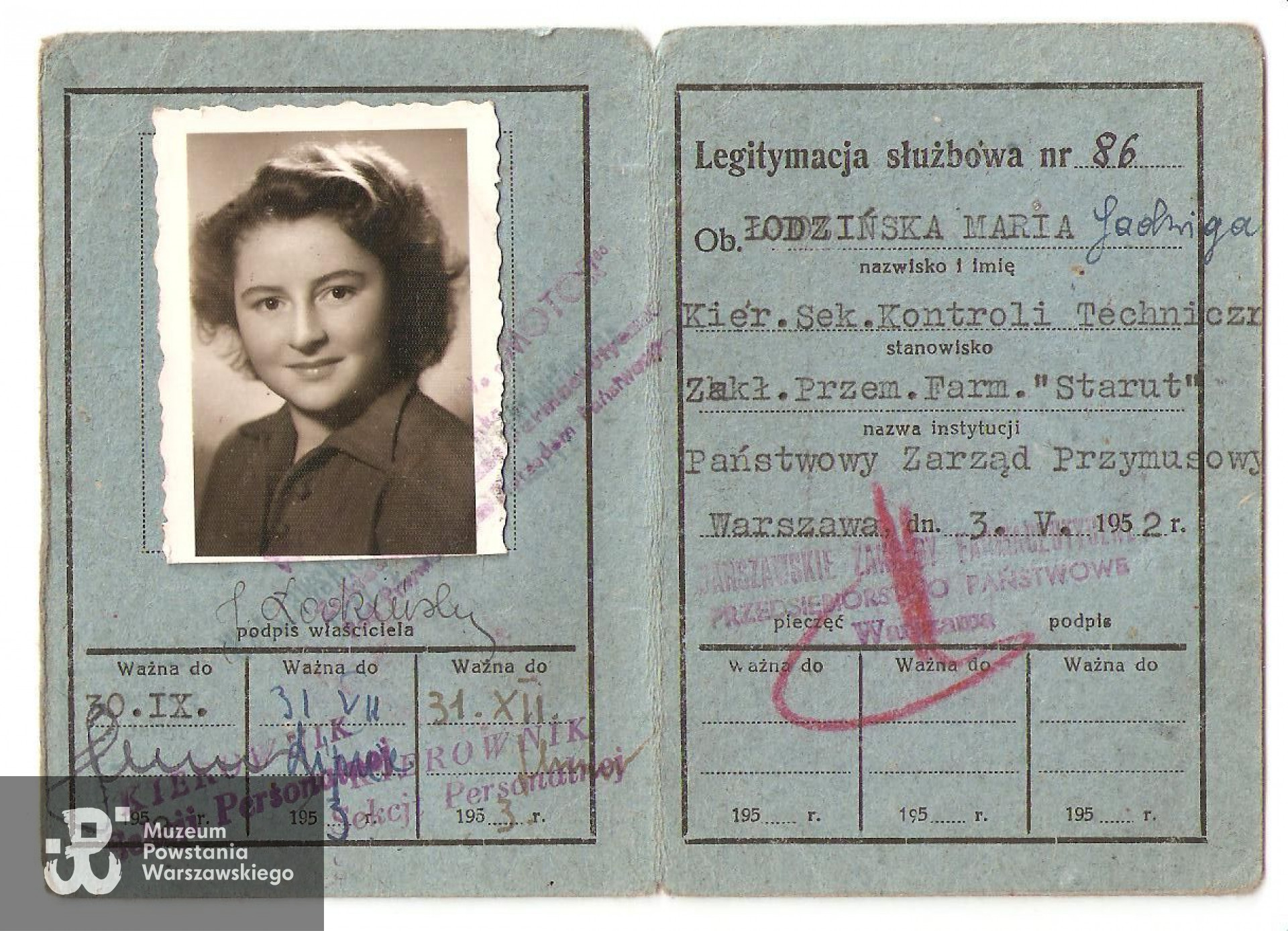 Maria Jadwiga Łodzińska. Legitymacja służbowa - Zakład Przemysłu Farmaceutycznego STARUT. 1952 r. Z archiwum rodzinnego Witolda Smoleńskiego