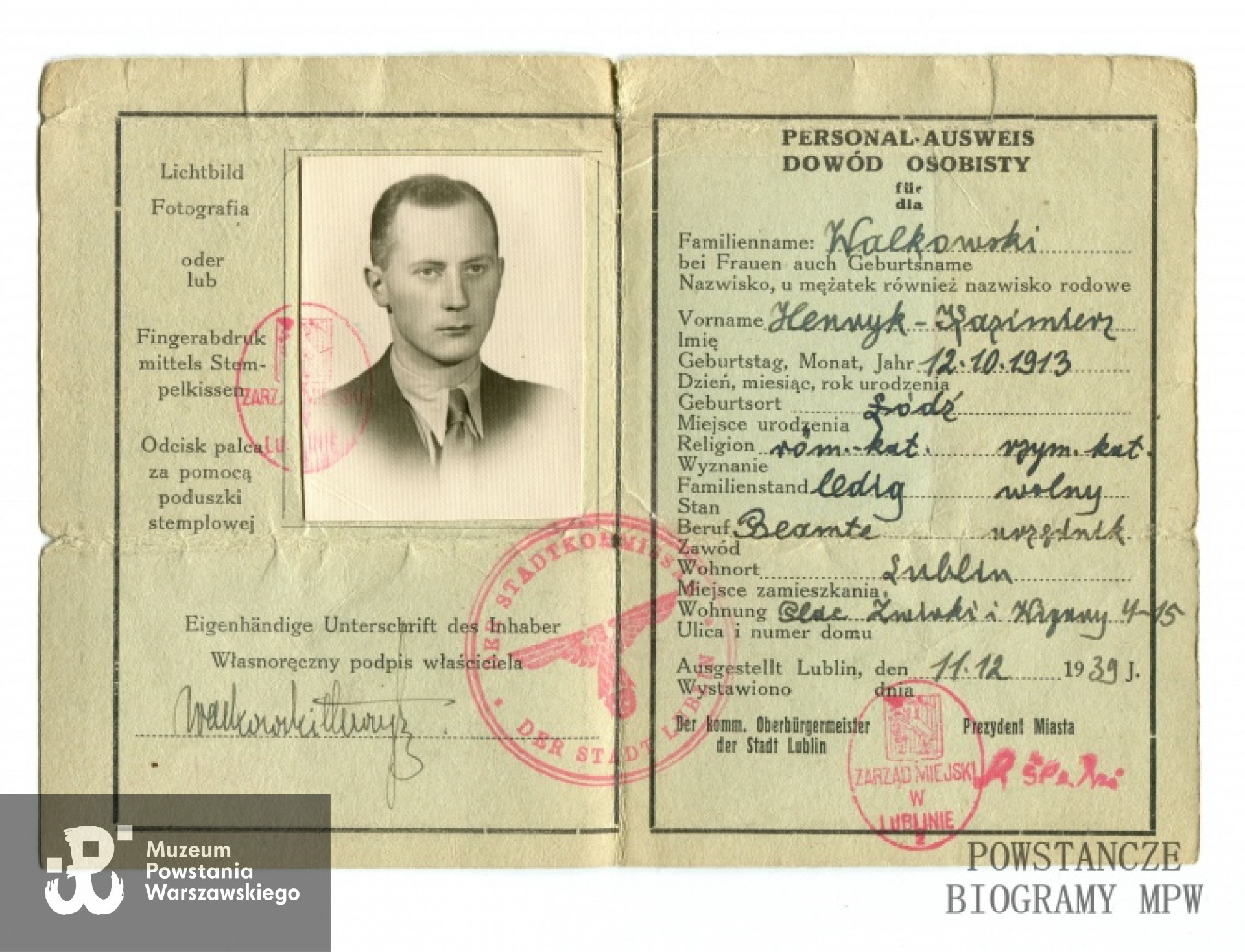 Personal Ausweis - dowód osobisty wystawiony przez władze niemieckie. Lublin, grudzień 1939 roku. Fot. archiwum rodzinne