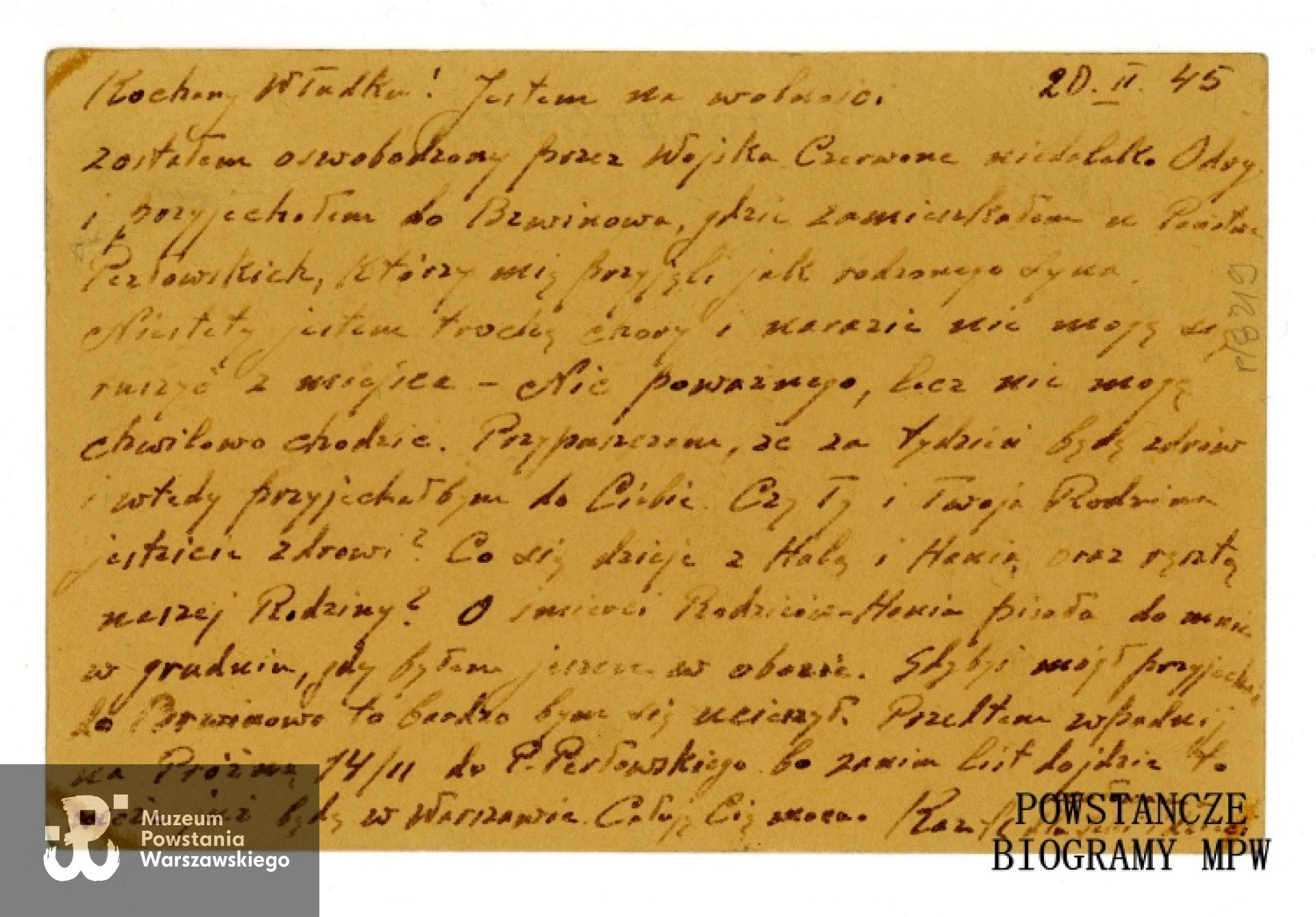 Karta pocztowa napisana przez Kazimierza Miładowskiego do Władysława Miładowskiego, z dn. 20.02.1945. Ze zbiorów Muzeum Powstania Warszawskiego, sygn.  P/8219