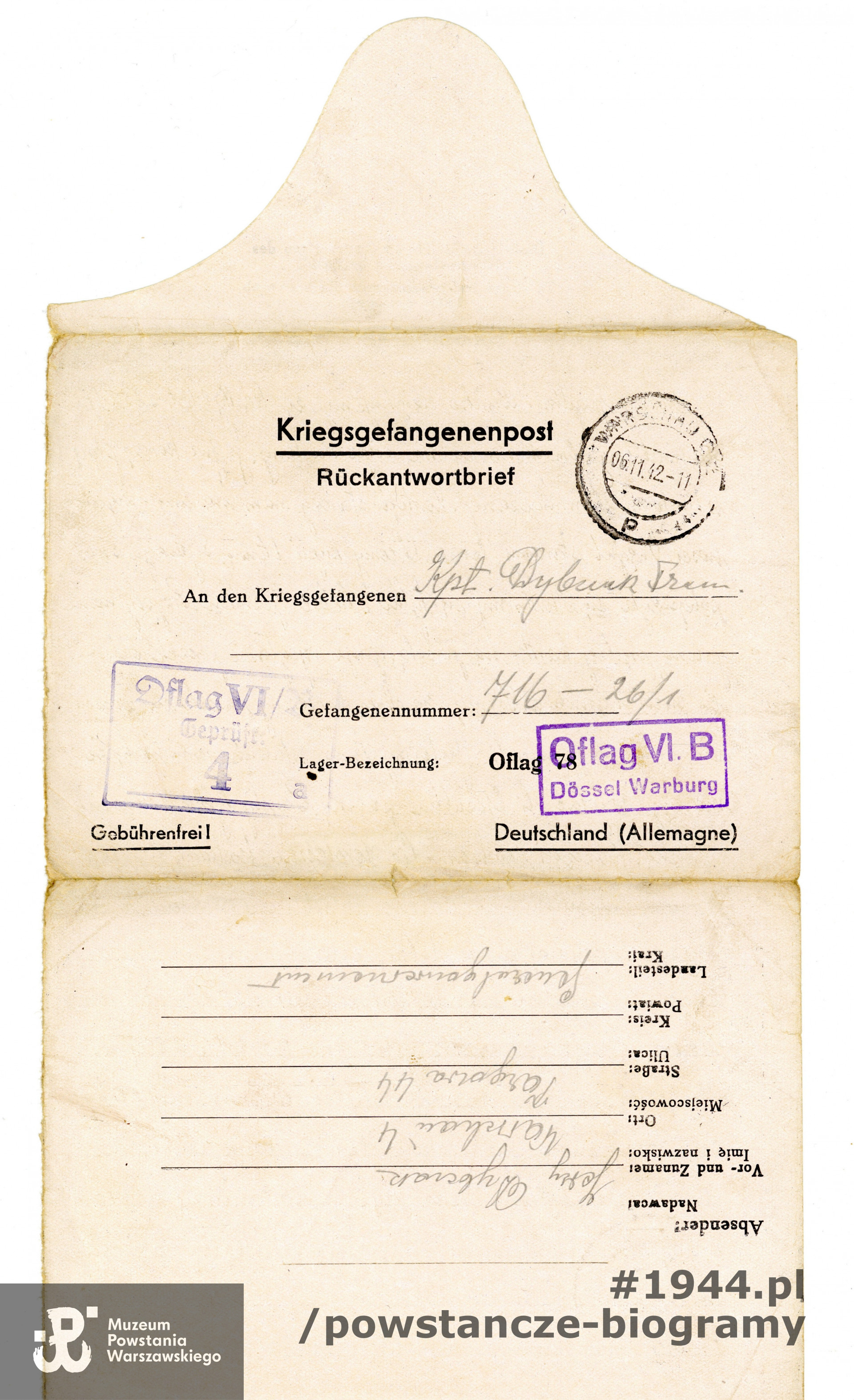 Listy Jerzego,  pisane w 1943 roku  i wiosną 1944 roku pisane do przebywającego w Oflagu ojca, kpt. Franciszka Dybczaka. Ze zbiorów Muzeum Powstania Warszawskiego.