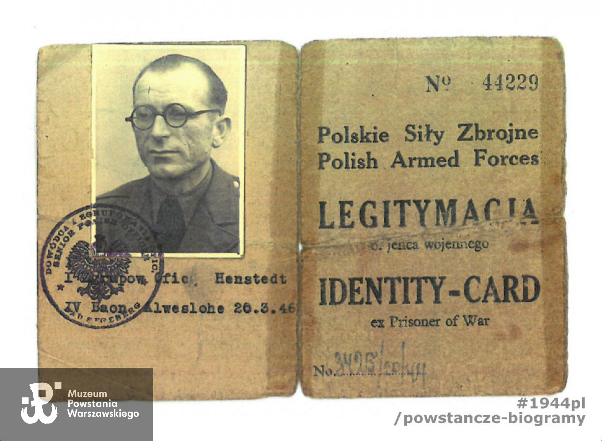 Legitymacja Byłego Jeńca Wojennego (Identity Card for Ex-Prisoner of War). Z  archiwum rodzinnego p. Piotra Głąbskiego, syna