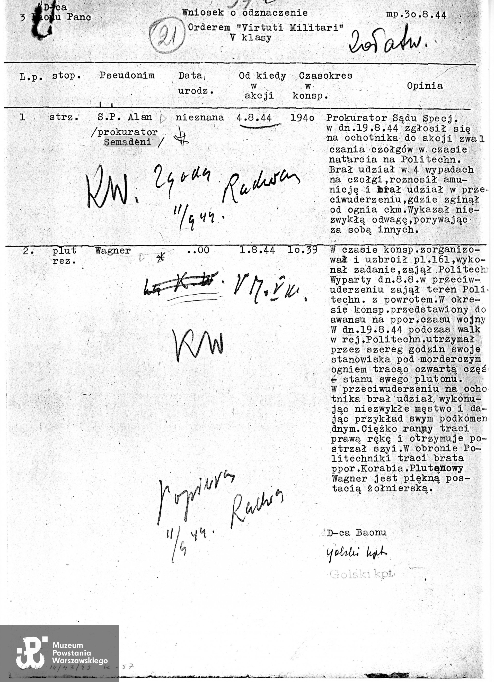 Wniosek o odznaczenie VM V klasy, d-cy batalionu, kpt. "Golskiego" z dn. 30.08.1944 r. źródło: Muzeum Powstania Warszawskiego, Teczki personalne uczestników Powstania Warszawskiego, zasób Pokoju Kombatanta MPW. 
