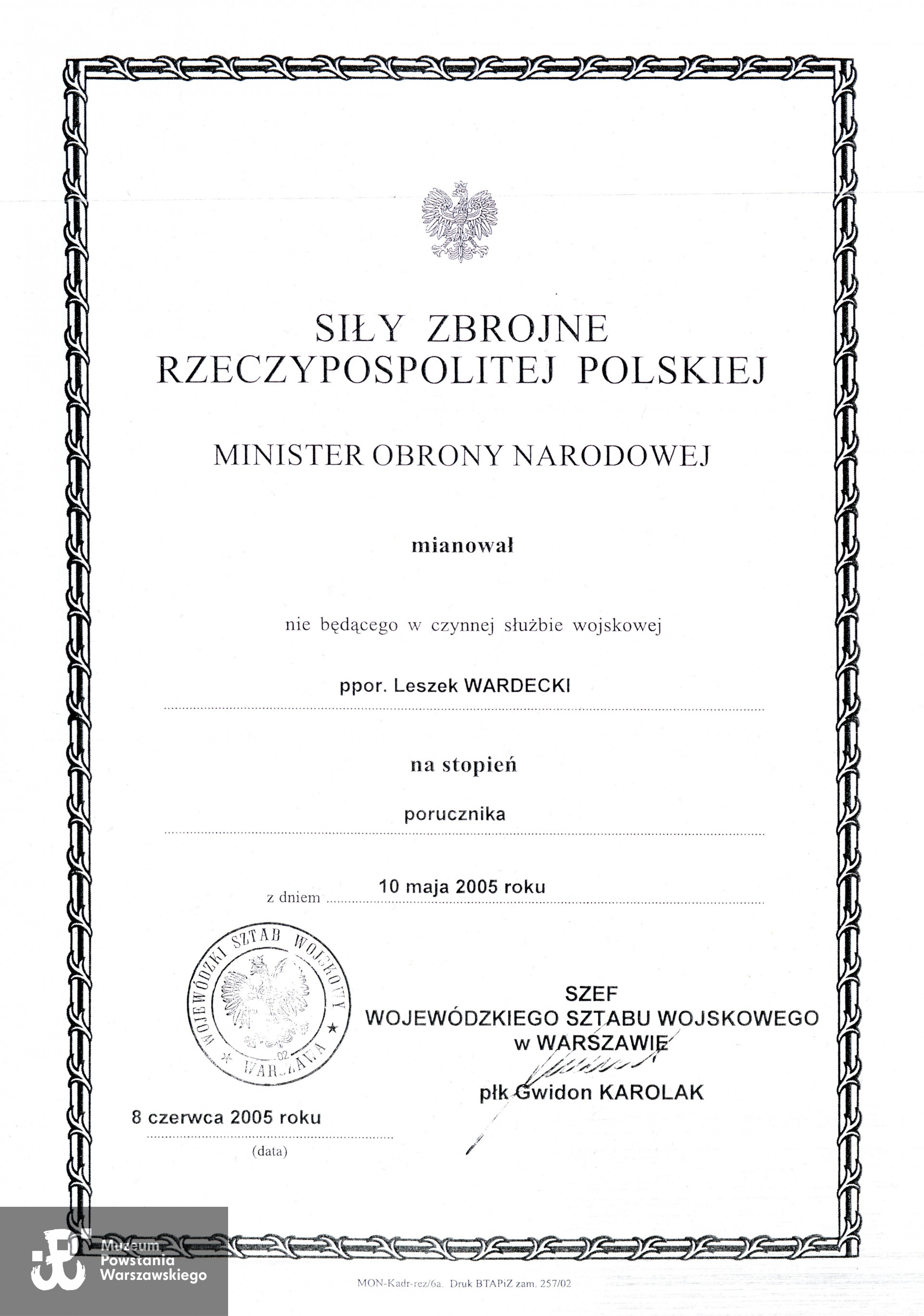 Muzeum Powstania Warszawskiego, Teczki personalne uczestników Powstania Warszawskiego: Wardecki Leszek