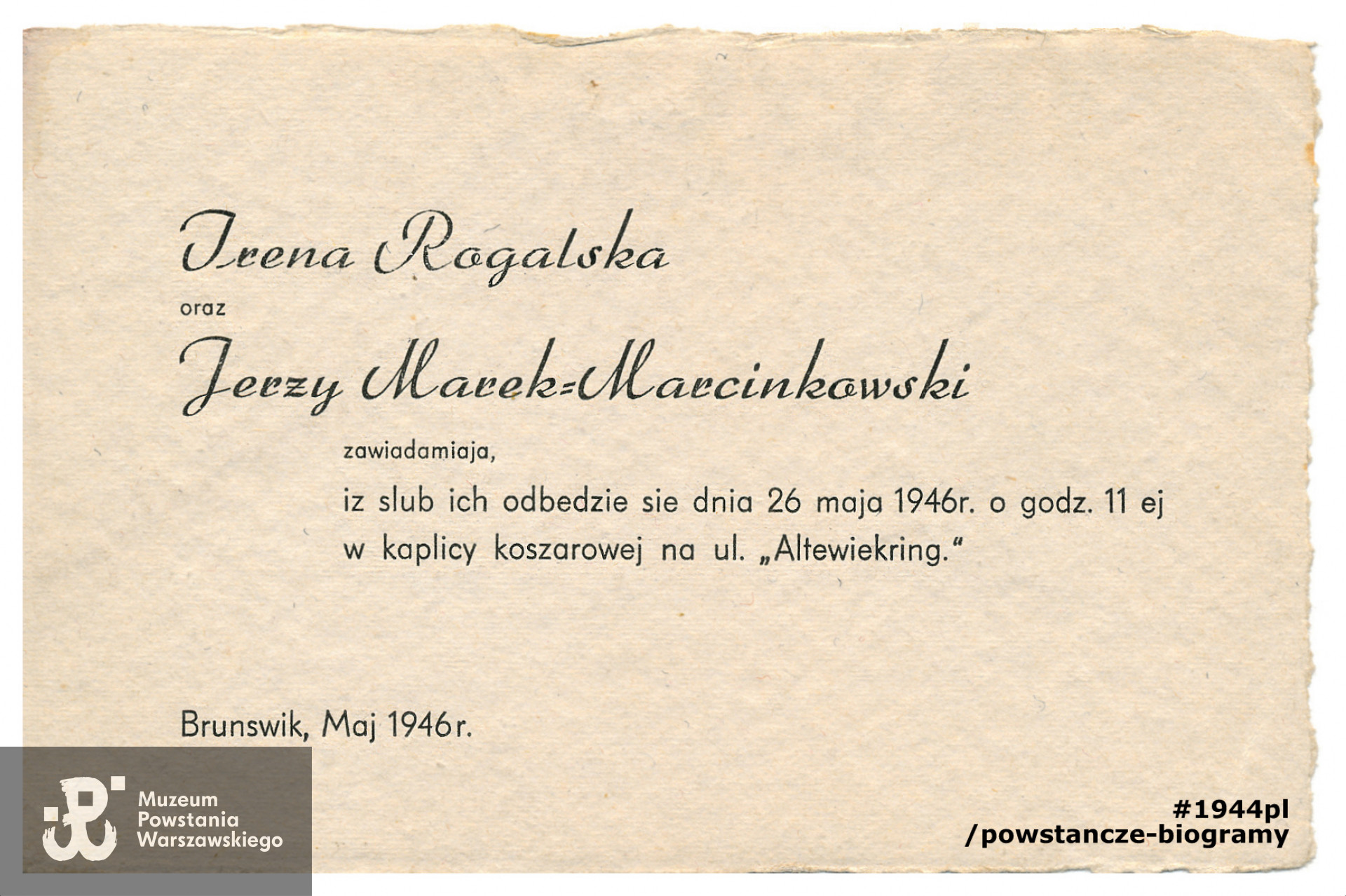 Zaproszenie ślubne.Tutaj jeszcze zastosowano oba nazwiska w połączeniu "Jerzy Marek = Marcinkowski".