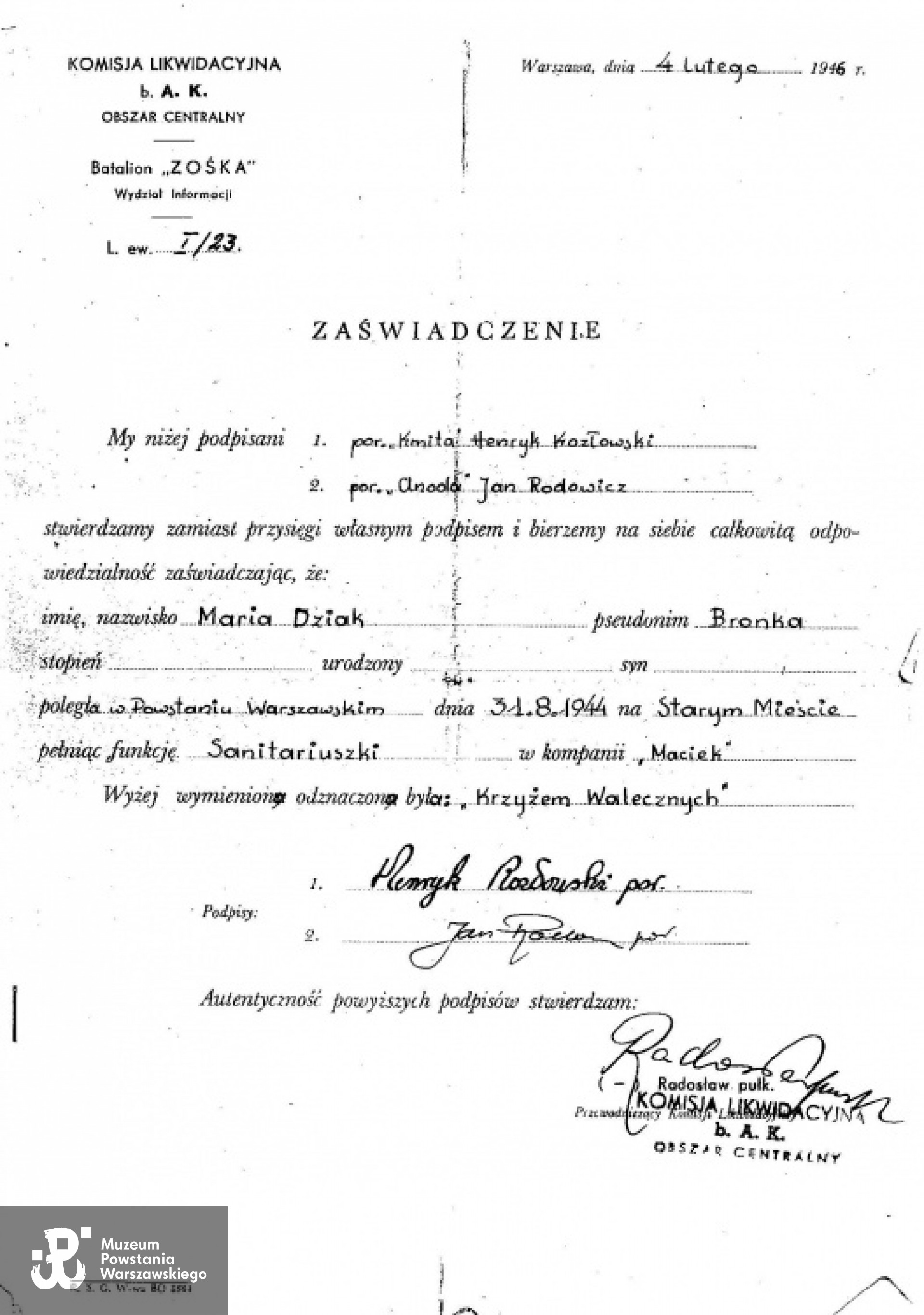 Zaświadczenie Komisji Likwidacyjnej AK. Fot. z archiwum rodzinnego.