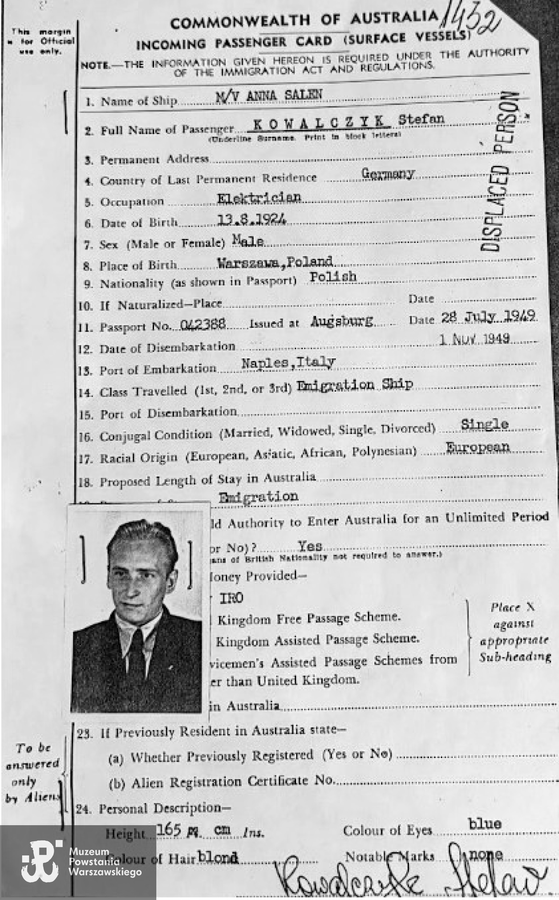 Incoming Passenger Card. Skan nadesłała p. Janet Loryman, wnuczka Powstańca