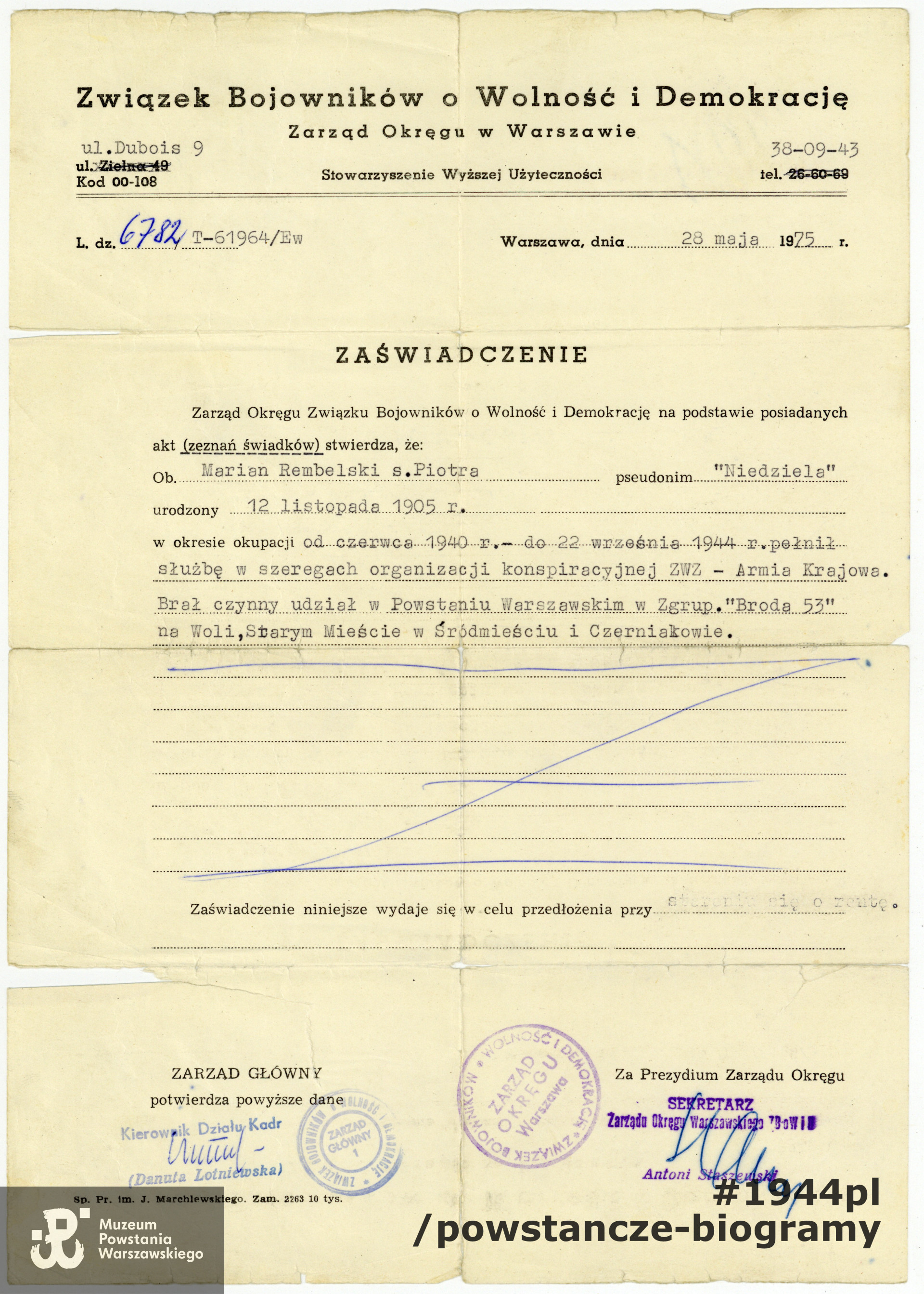 Zaświadczenie ZBoWiD. Dokument  z archiwum rodzinnego p. Beaty Kucharczyk, wnuczki Mariana Rembelskiego. 