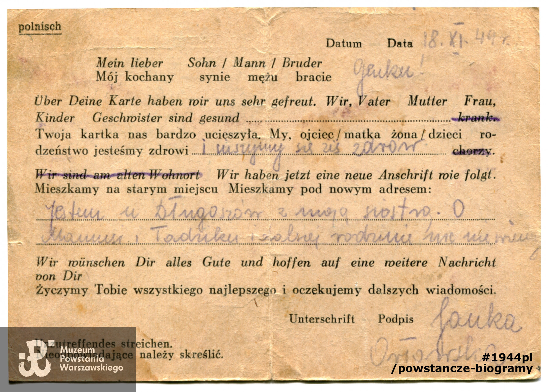 Karta pocztowa na blankiecie Kriegsgefangenenpost adresowana do przebywającegi w Stalagu XI A Eugeniusza Orłowskiego. Na karcie widoczny podpis nadawcy, bratowej Eugeniusza - Janiny Orłowskiej. Ze zbiorów Muzeum Powstania Warszawskiego, sygn. MPW-A-3831 (P/4319)