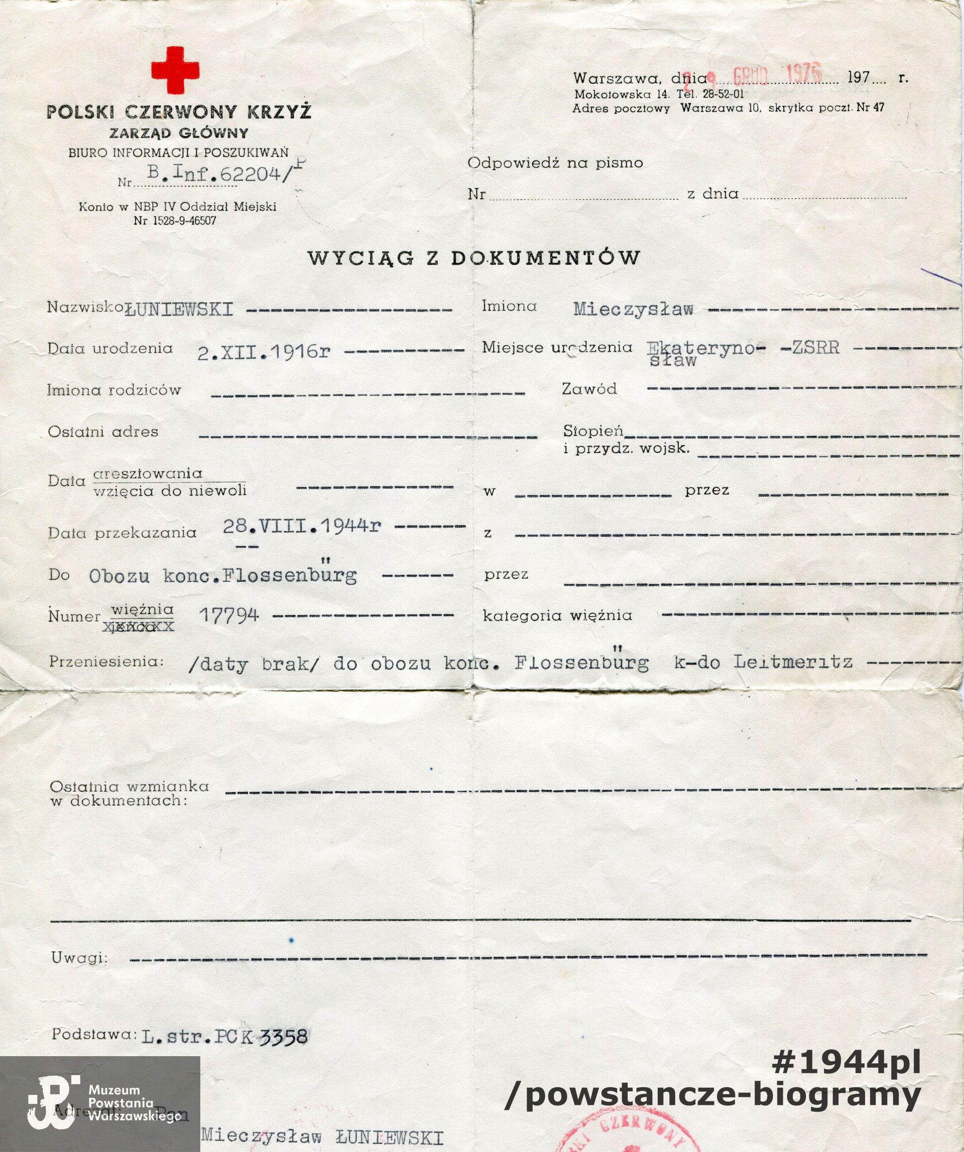 Polski Czerwony Krzyż - wyciąg z dokumentów. Ze zbiorów rodzinnych Joanny i Jerzego Mikuszewskich.