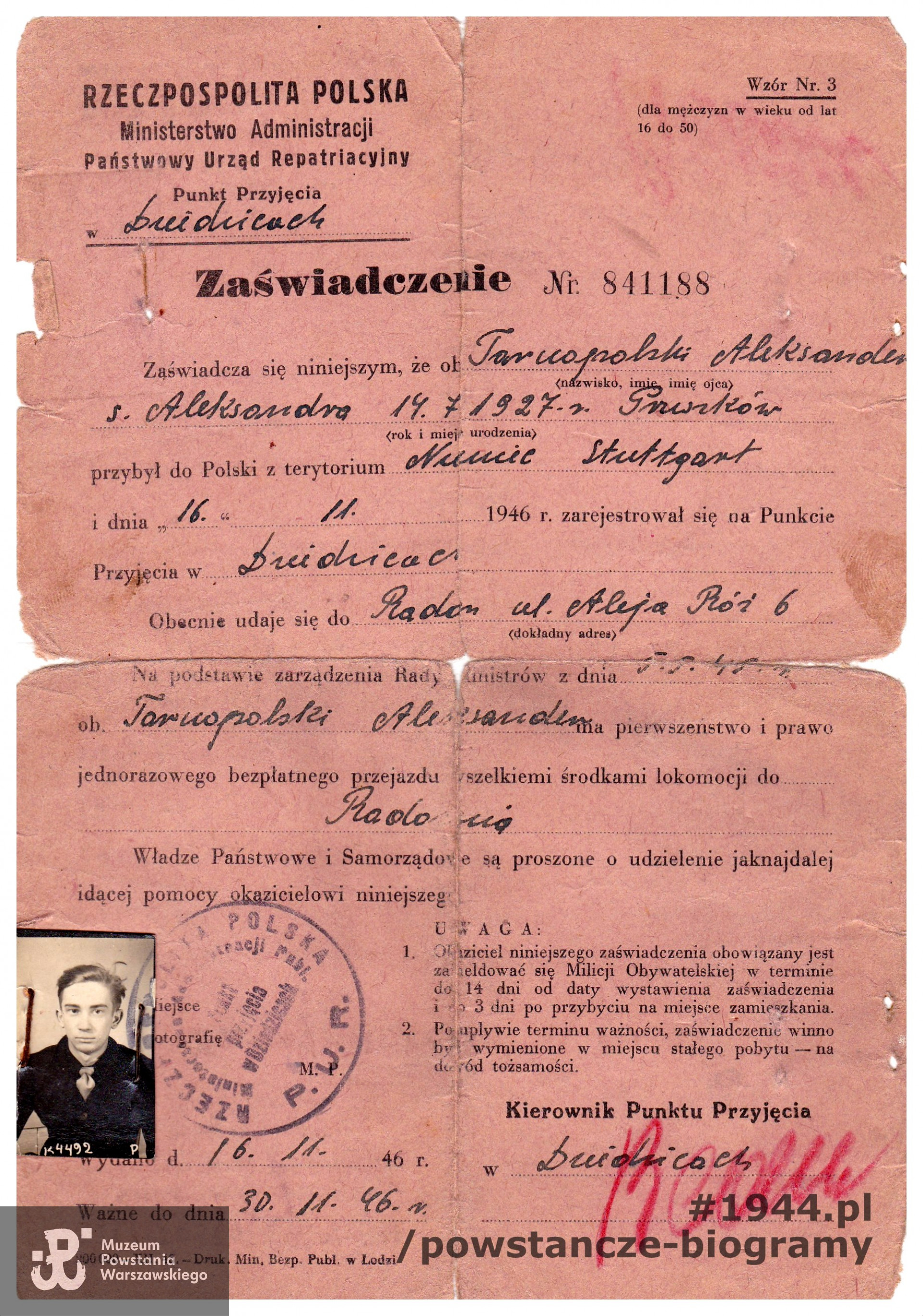 Zaświadczenie Państwowego Urzędu Repatriacyjnego. Dokument z archiwum rodzinnego, udostępnił wnuk, p. Konrad Tarnopolski