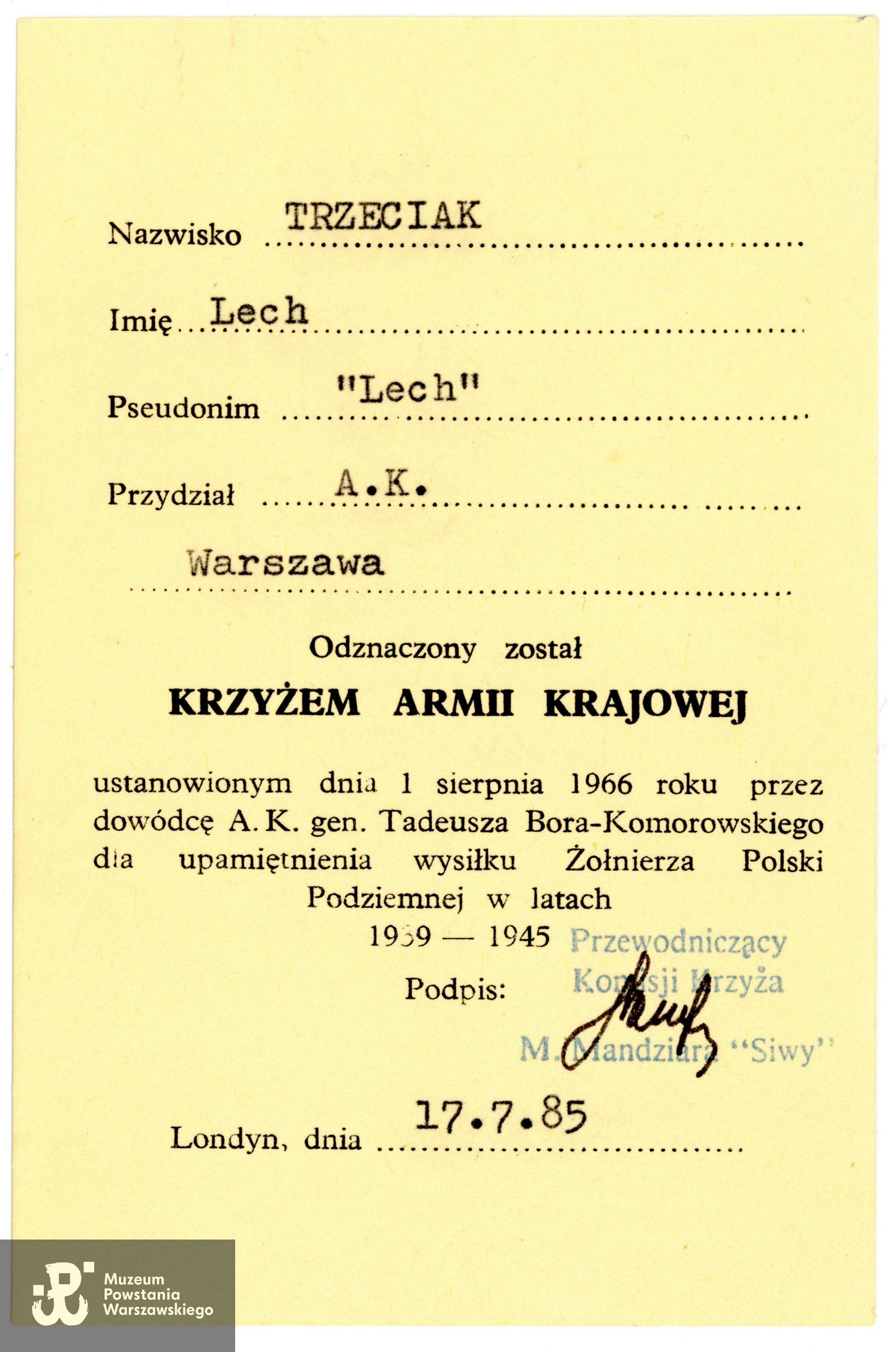 Legitymacja odznaczeniowa - Krzyż Armii Krajowej