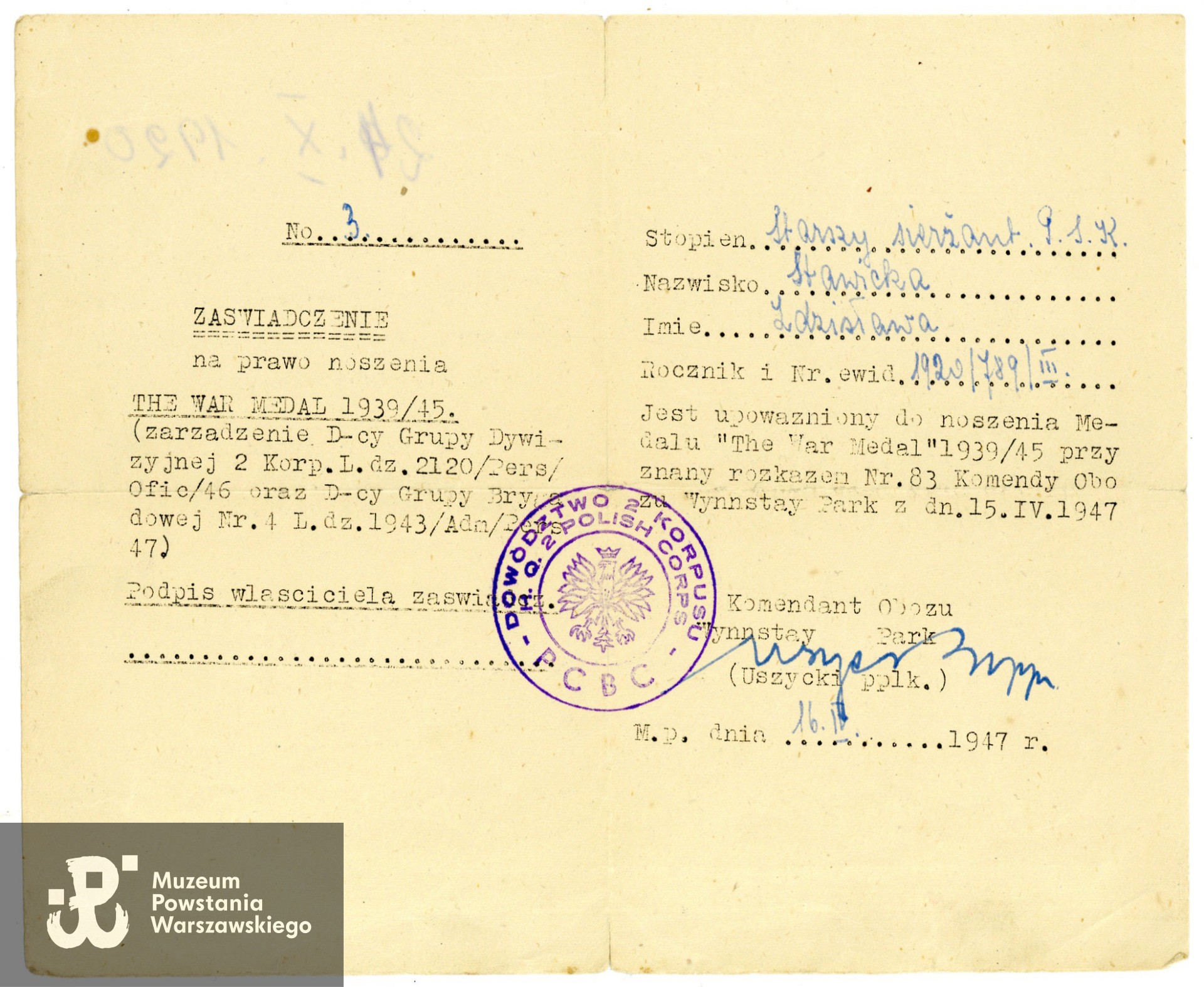 Zaświadczenie o prawie do noszenia odznaczenia brytyjskiego odznaczenia wojskowego - Medalu Wojny 1939-1945