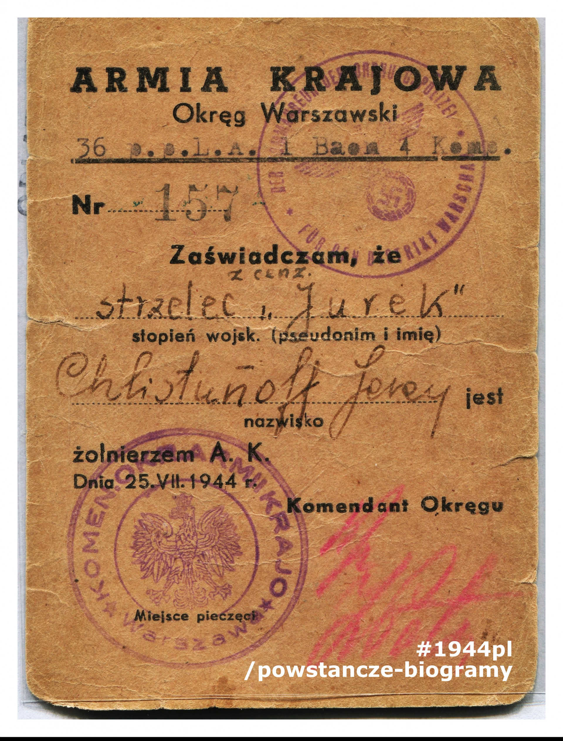 Legitymacja Armii Krajowej. Ze zbiorów prywatnych p. Jerzego Chlistunoffa