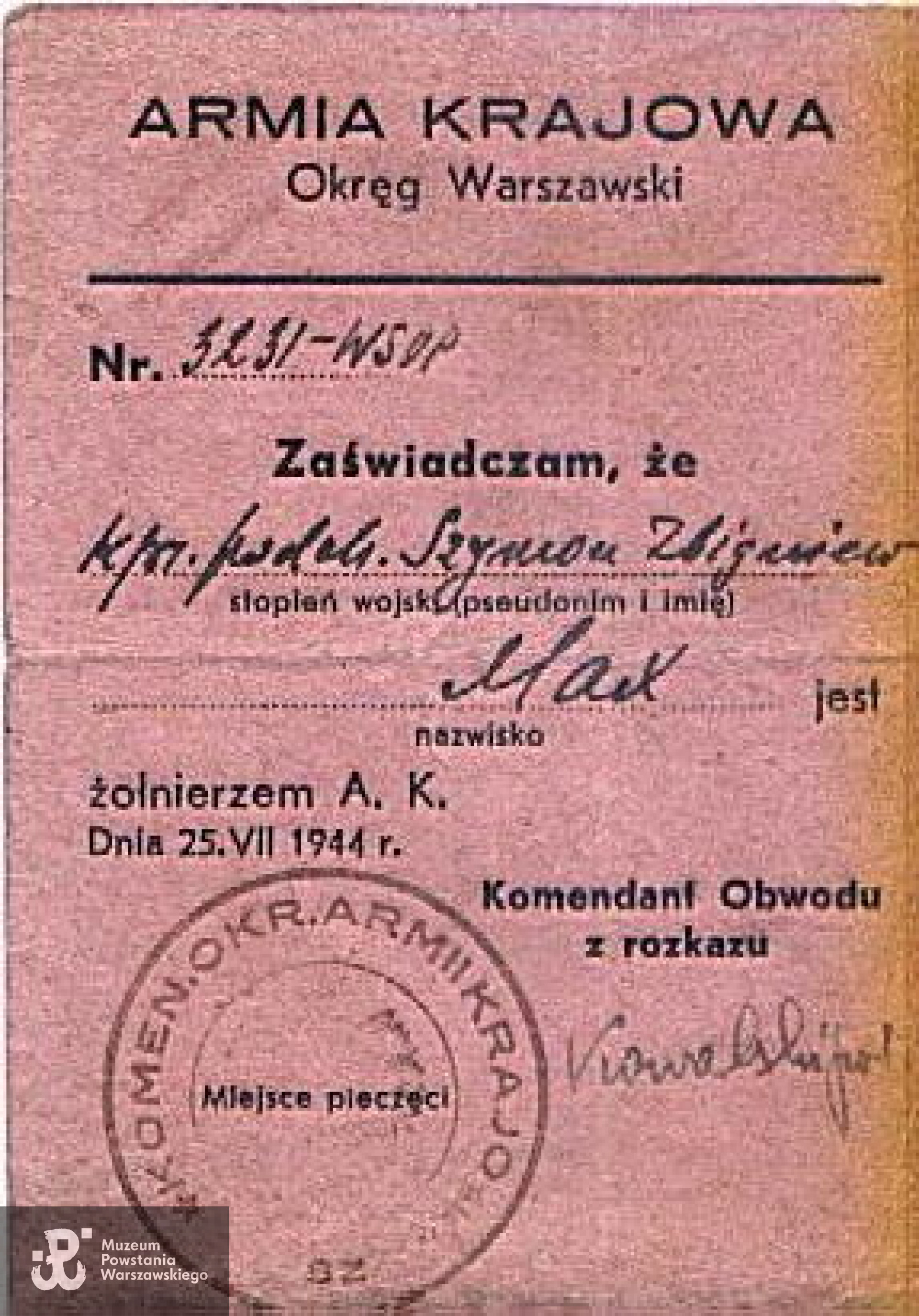 Legitymacja AK - z archiwum rodzinnego Andrzeja Maxa.