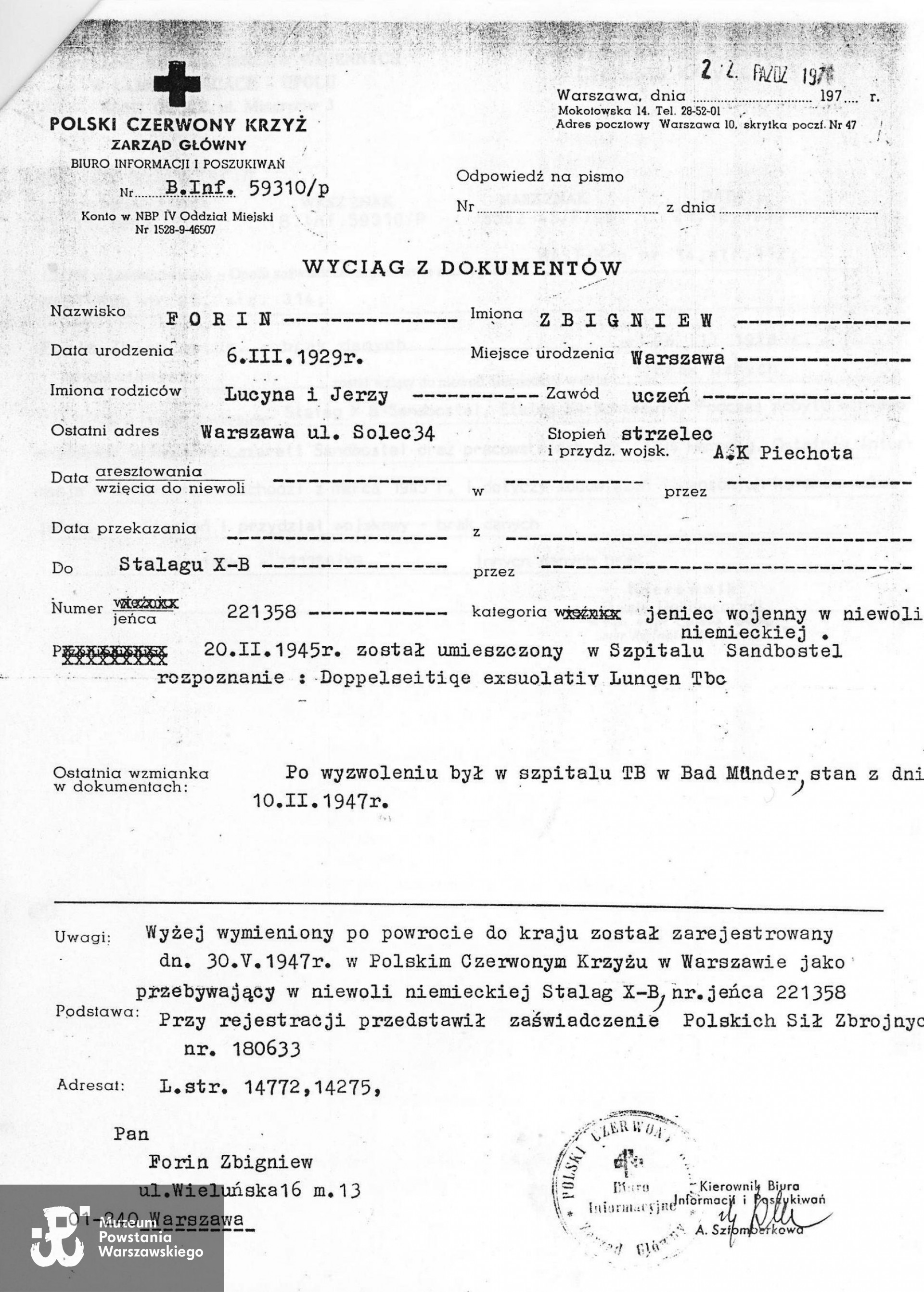 Wyciąg z akt PCK. Skan: materiały do Słownika Uczestników PW - zasób Pokoju Kombatanta MPW