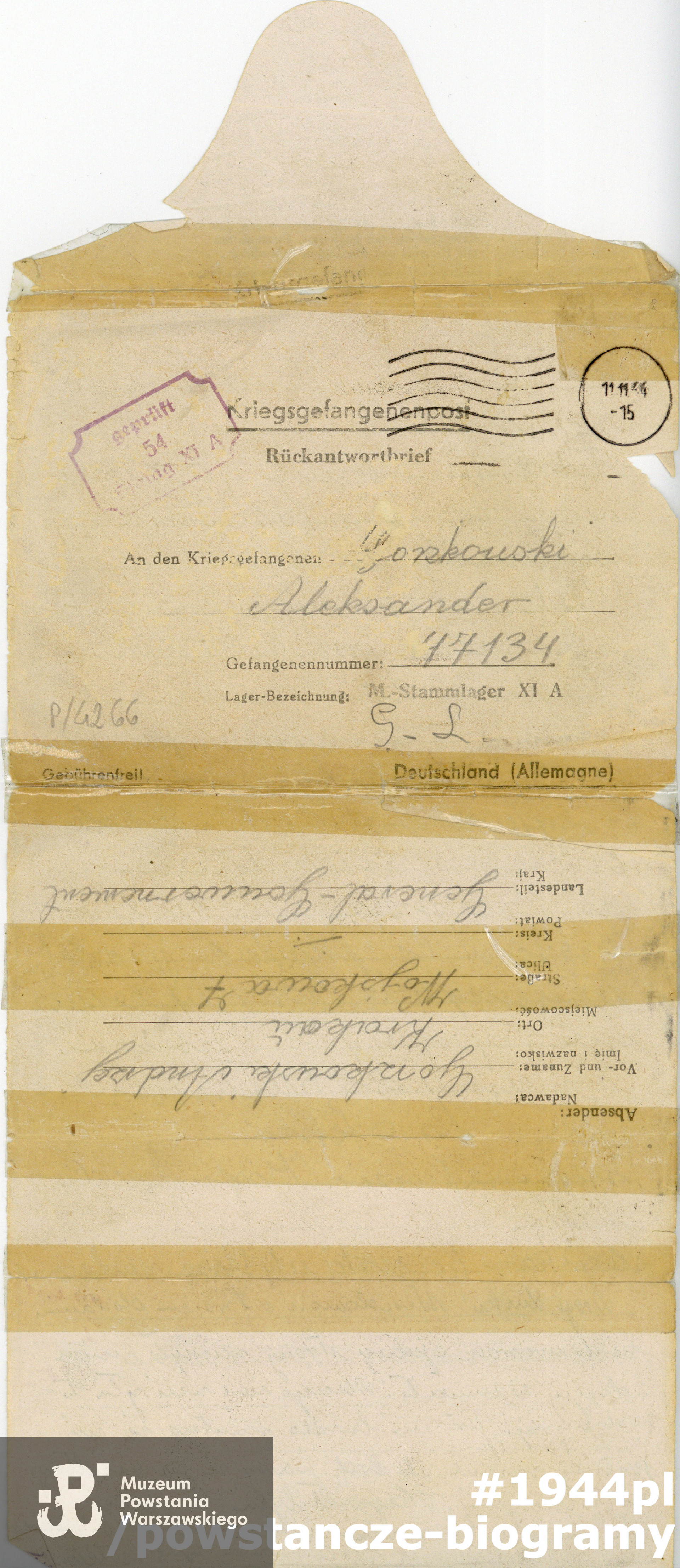 List wysłany przez ojca Andrzeja z Krakowa do syna Aleksandra do stalagu (rewers), ze zbiorów Muzeum Powstania Warszawskiego sygnatura P/4266